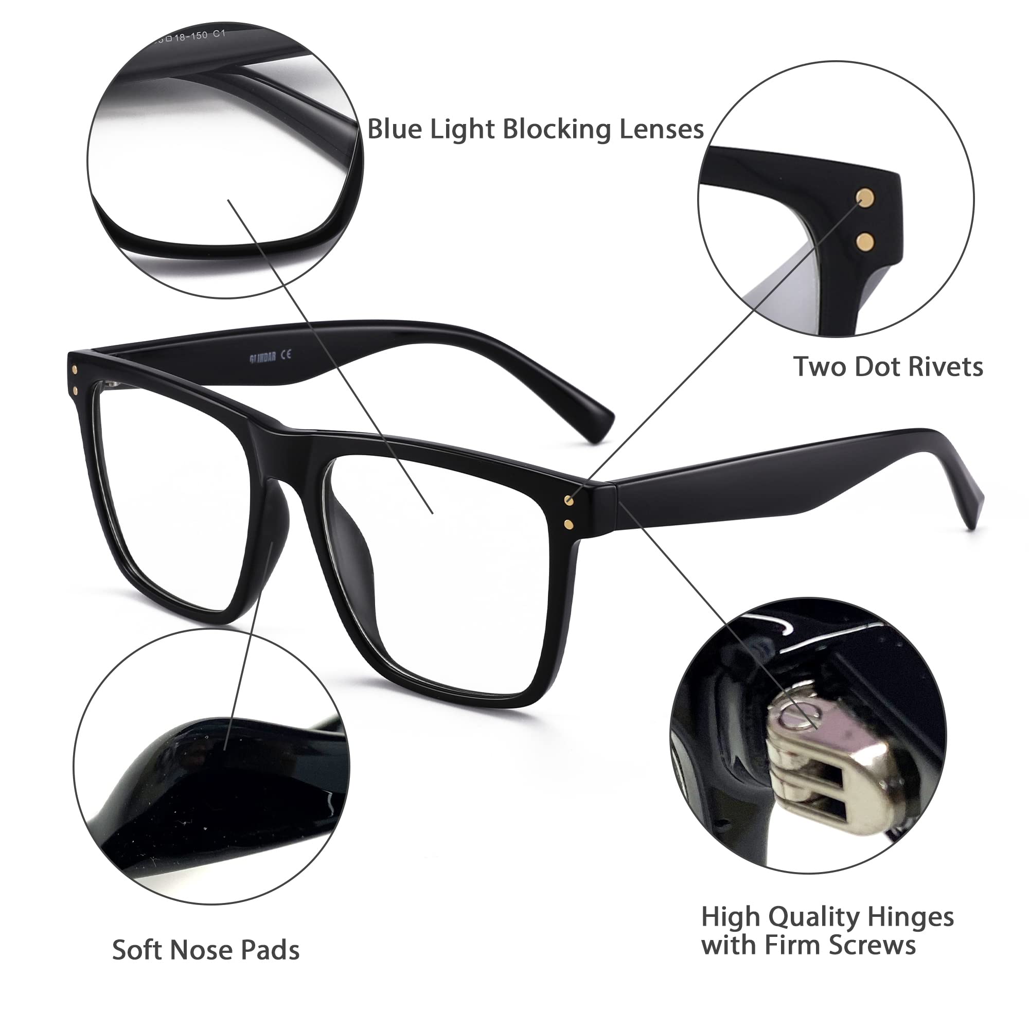 Blue Light Blocking Glasses for Women & Men - Oversized Square Computer Glasses to Reduce Eye Strain (Black) - Perfect for Office Work, Gaming & Screen Time Protection