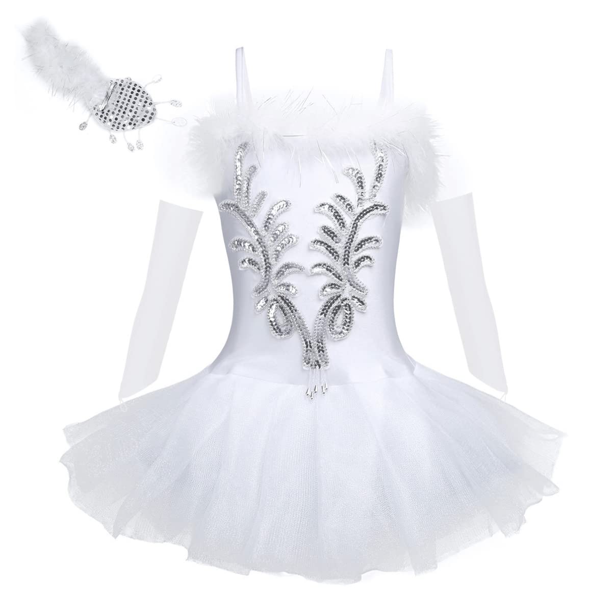 Aislor Girls Sequin Ballet Leotard Tutu Dress - Swan Lake Princess Dance Costume with Headband for Ballet Recital, Dance Competition & Performance