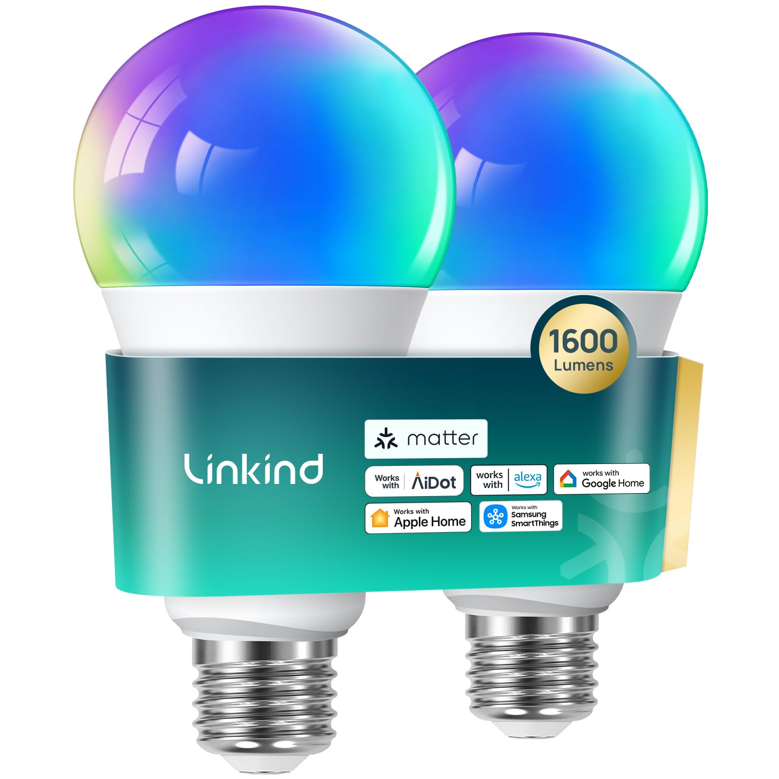 Linkind Matter Smart Light Bulb - 1600LM (100W Equivalent) RGBTW Color Changing LED Bulb, Works with Alexa/Apple Home/Google Home/SmartThings, 2.4GHz Wi-Fi Music Sync, A21 E26 Base (2-Pack) - Perfect for Smart Home Lighting & Party Ambiance