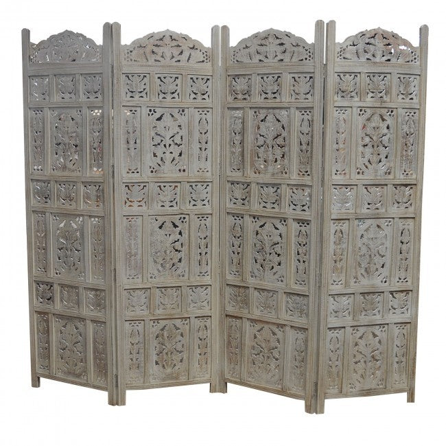 Hand Carved Indian Room Divider Screen - White Traditional Partition for Living Room, Bedroom & Office Privacy | Dynasty Home Decor