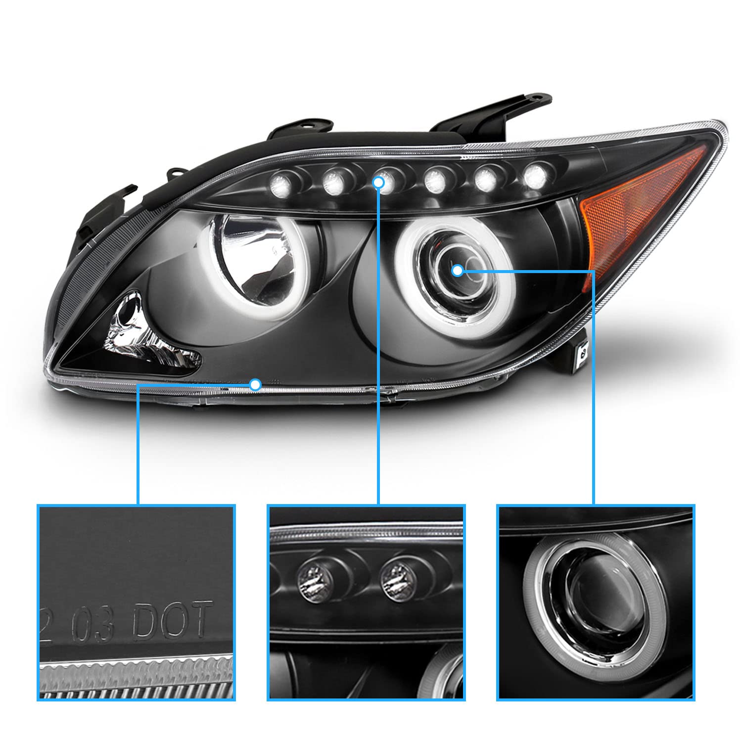 AmeriLite Ultra Bright LED Halo Projector Headlights - Black for Scion Tc (Pair, Left & Right) - Perfect for Night Driving & Car Customization