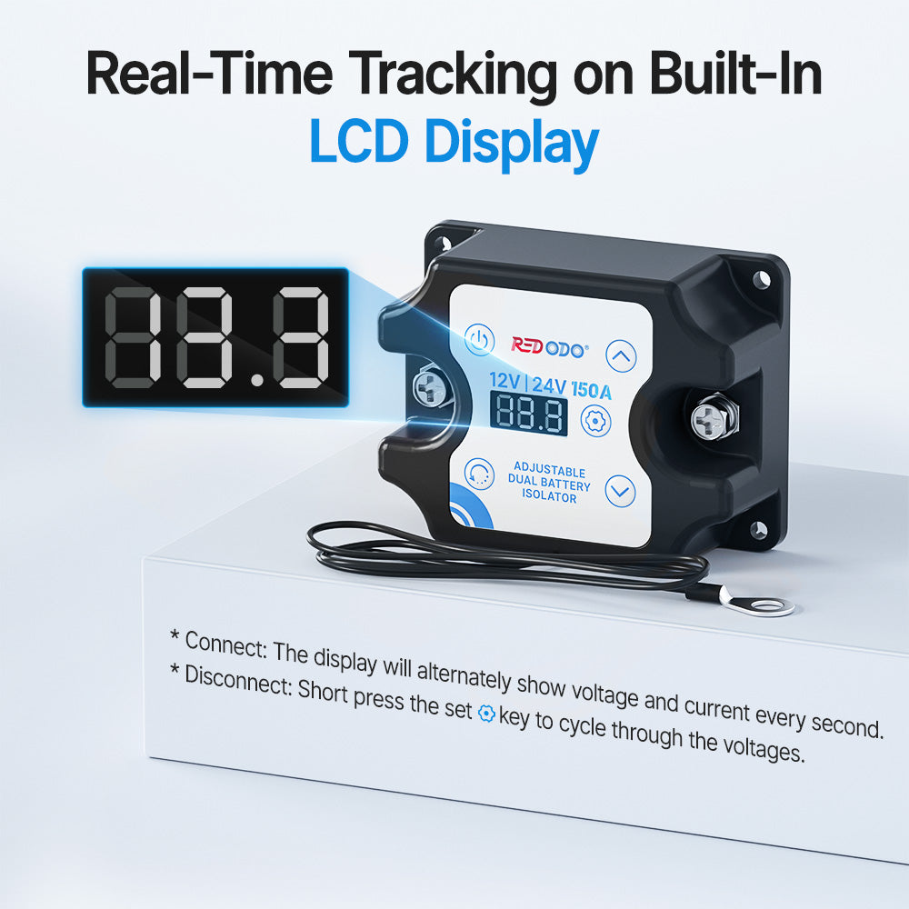 Redodo 12V/24V 150A Adjustable Dual Battery Isolator (VSR) - Auto Connect/Disconnect Starter & House Batteries with LCD Display - Perfect for RVs, Boats, and Off-Grid Power Systems