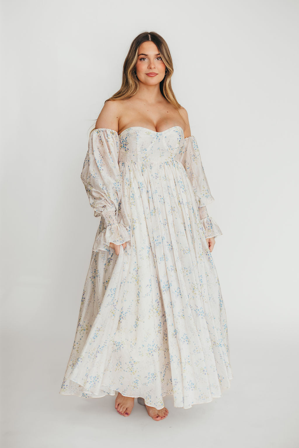 Dear Skye Floral Dress in Blue - Elegant Flowy Midi Dress with V-Neck & Ruffle Sleeves - Perfect for Weddings, Parties & Summer Vacations