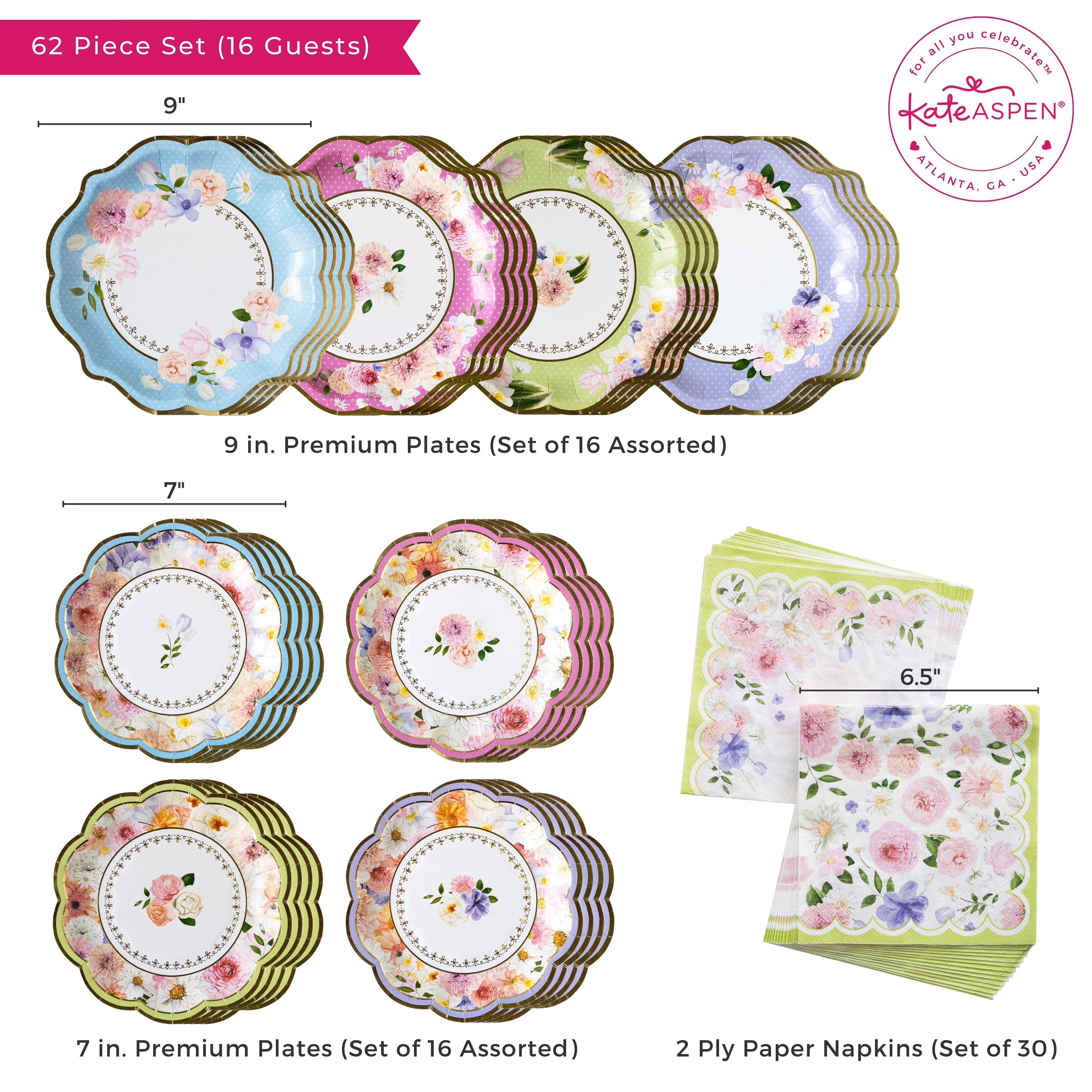 62-Piece Tea Party Tableware Set for 16 Guests - Elegant Disposable Plates, Cups & Cutlery for Afternoon Tea, Bridal Showers & Birthday Celebrations