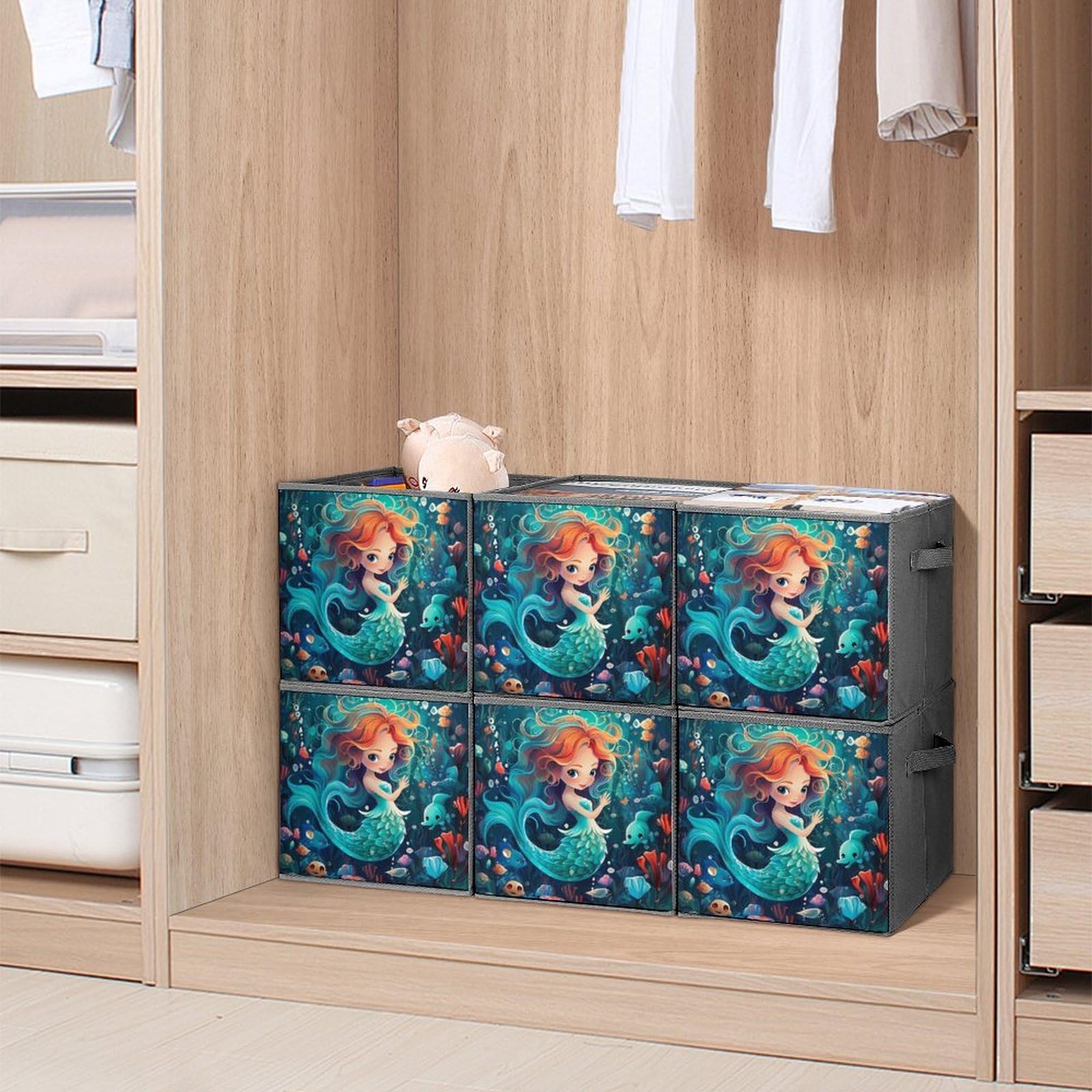 **Cute Mermaid Foldable Storage Bins & Organizers - 6-Pack Square Storage Baskets with Handles for Kids Room, Closet, or Playroom Organization**
