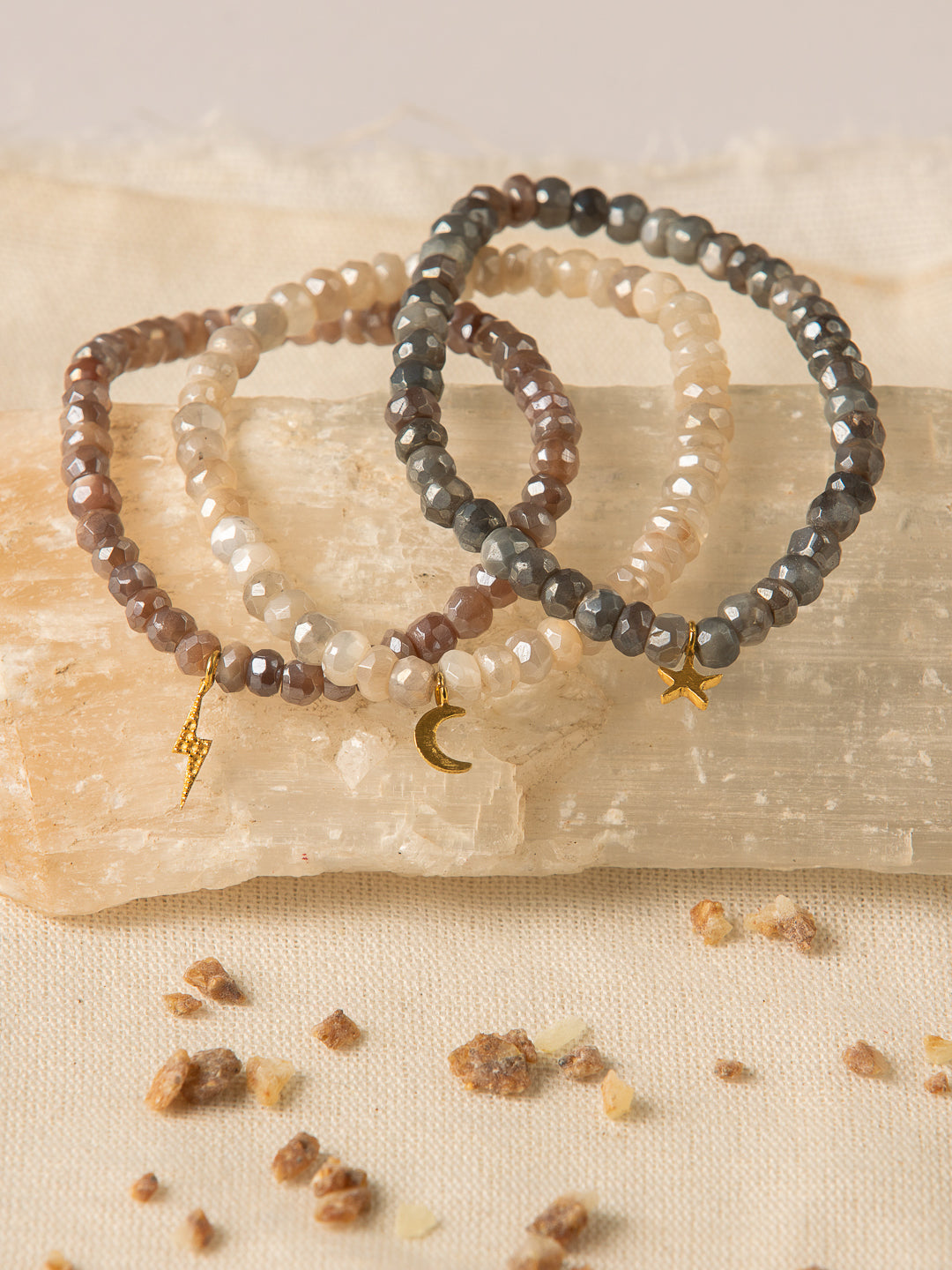 Moonstone Bracelet with Goddess Charms - Elegant Smoke Quartz Jewelry for Women, Perfect for Yoga, Meditation & Boho Fashion