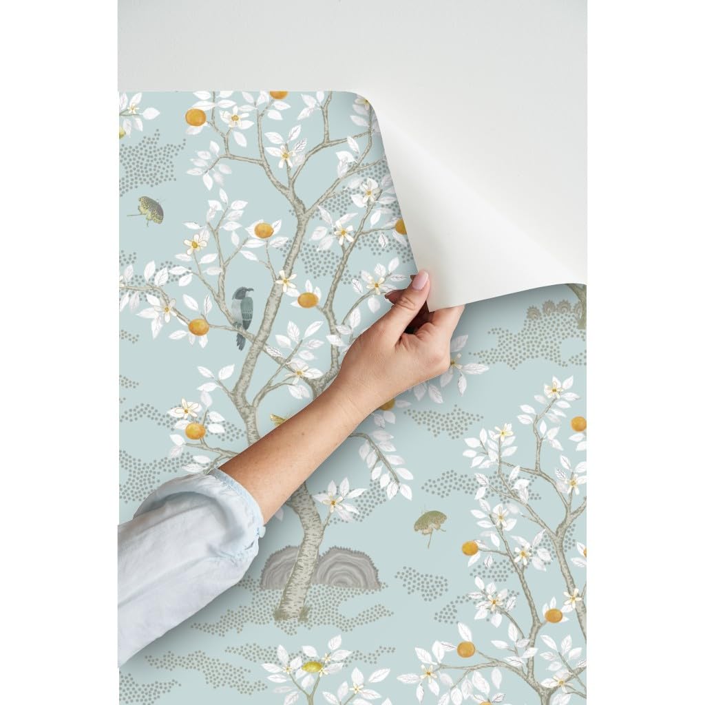 Peel & Stick Removable Wallpaper Swatch - Grey Birds, Trees, Aqua Citrus, Taupe, Chinoiserie Patterns | Self-Adhesive Custom Wallpaper for Bedroom, Nursery, Office & Home Decor | Spoonflower