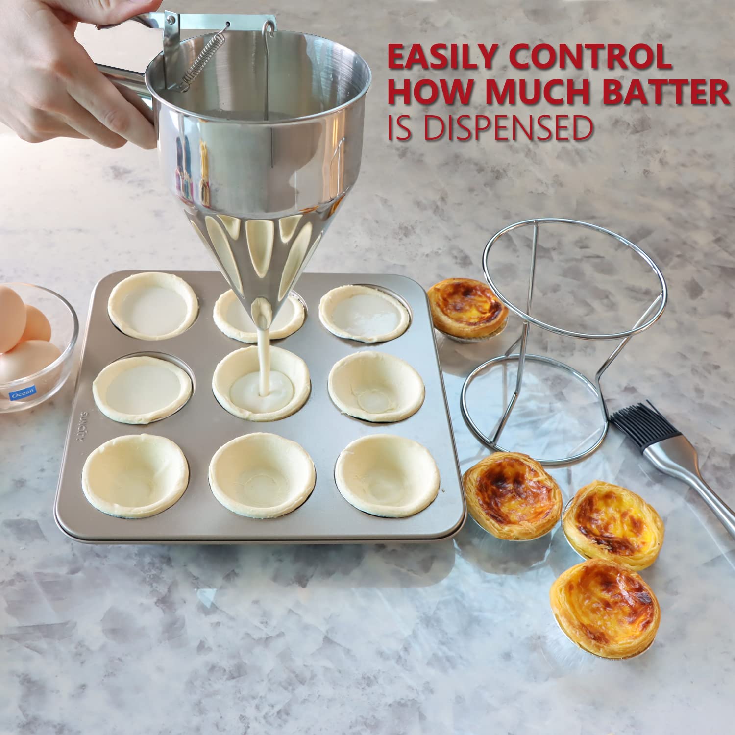 KAYCROWN 1200ml Stainless Steel Pancake Batter Dispenser with Stand & Basting Brush - Perfect for Cupcakes, Waffles, Takoyaki, Crepes, and Baking - Ideal for Breakfast, Desserts, and Party Food Preparation