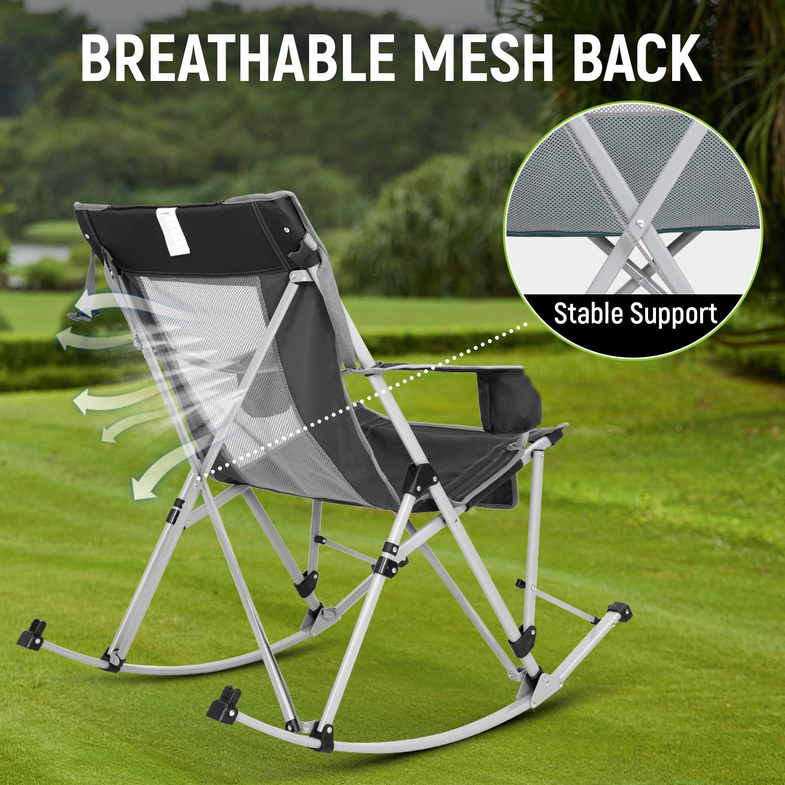 Portable Folding Rocking Camping Chair for Adults - Lightweight Outdoor Rocker Chair with Side Pocket for Picnic, Backyard, Patio, Lawn & Garden - Perfect for Camping Trips, Beach Outings and Outdoor Concerts