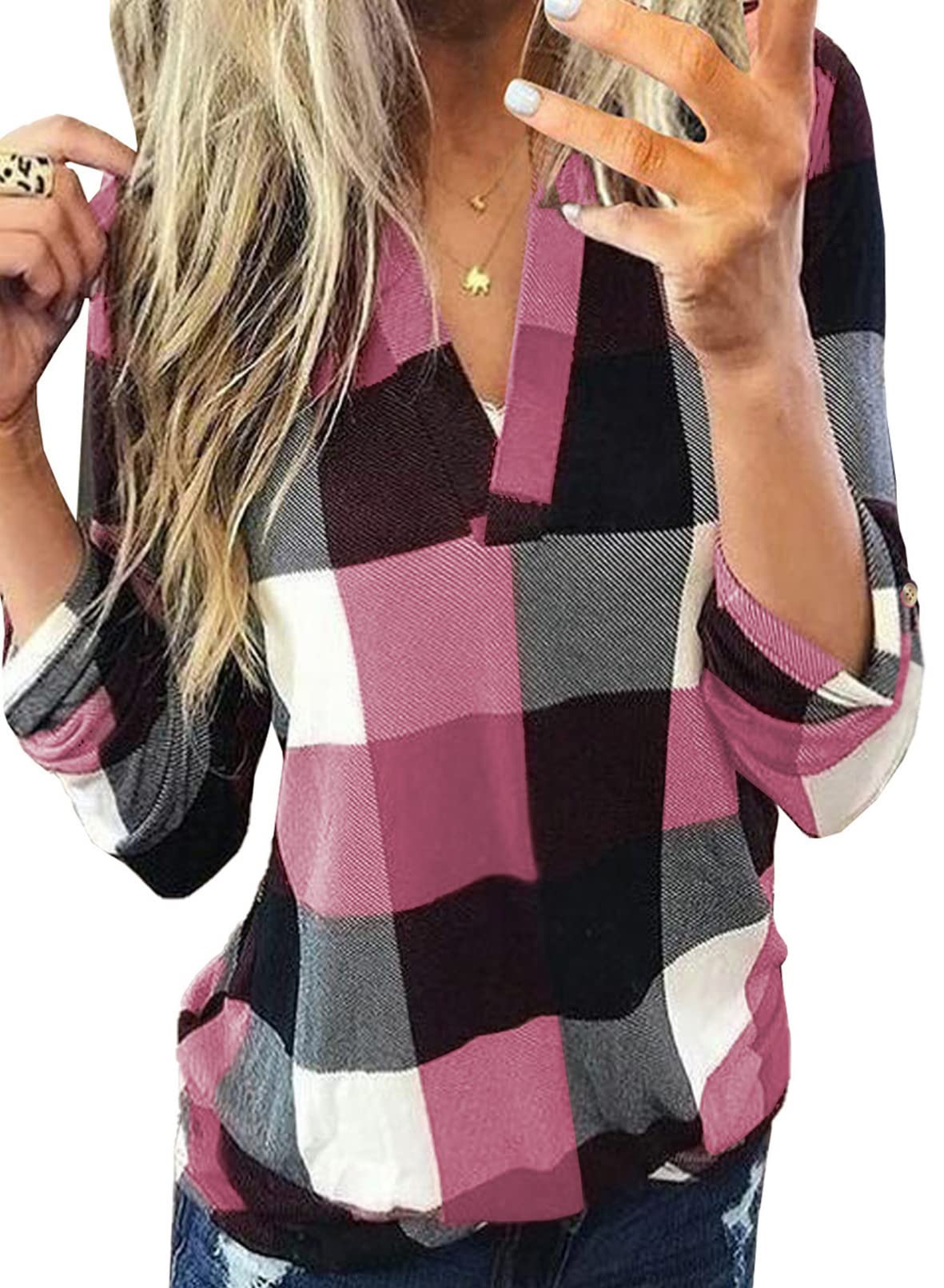 Dokotoo Women's Basic Casual V-Neck Plaid Print Long Sleeve Blouse - Cuffed Work Shirt for Office & Everyday Wear (Sizes S-3XL) | Perfect for Business Casual, Office Outfits & Fall Fashion