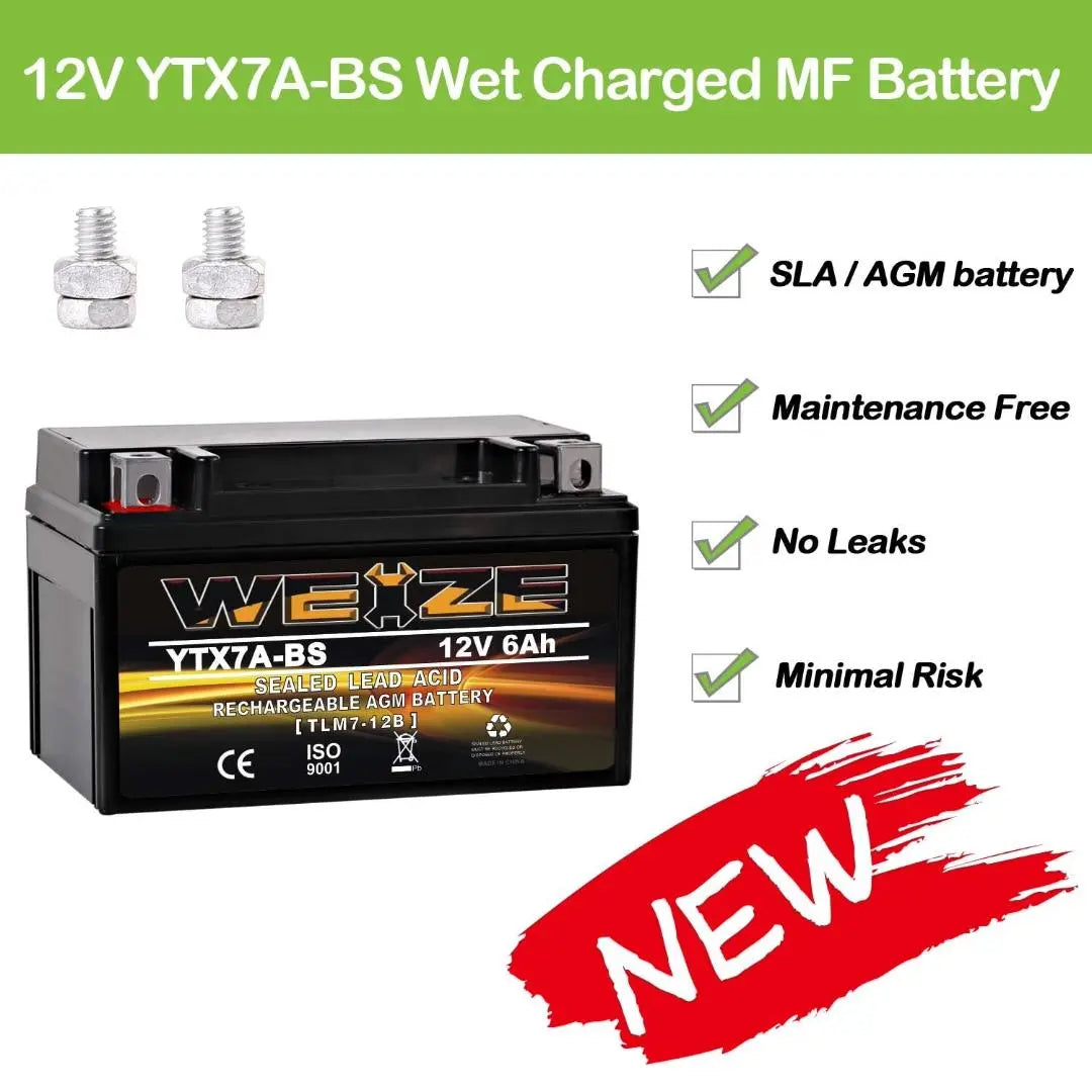WEIZE YTX7A-BS 12V 6Ah High Performance AGM Motorcycle Battery - Maintenance Free, Sealed Lead Acid - Compatible with 50CC 125CC Gas Scooters & Mopeds (GY6 Engine) - Perfect for Honda, Yamaha, Kymco & More - Ideal for Urban Commuting & Delivery Riders