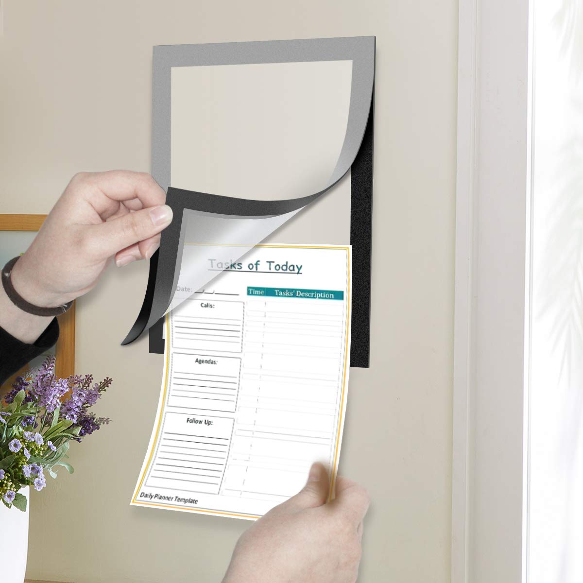 Adhesive Back Plastic Document Sign Holder Pockets - 8.5 x 11.6 Inch Silver Display Frames for Posters, Pictures & Notices (12 Pack) - Perfect for Windows, Doors, Walls, Cabinets & Office Organization