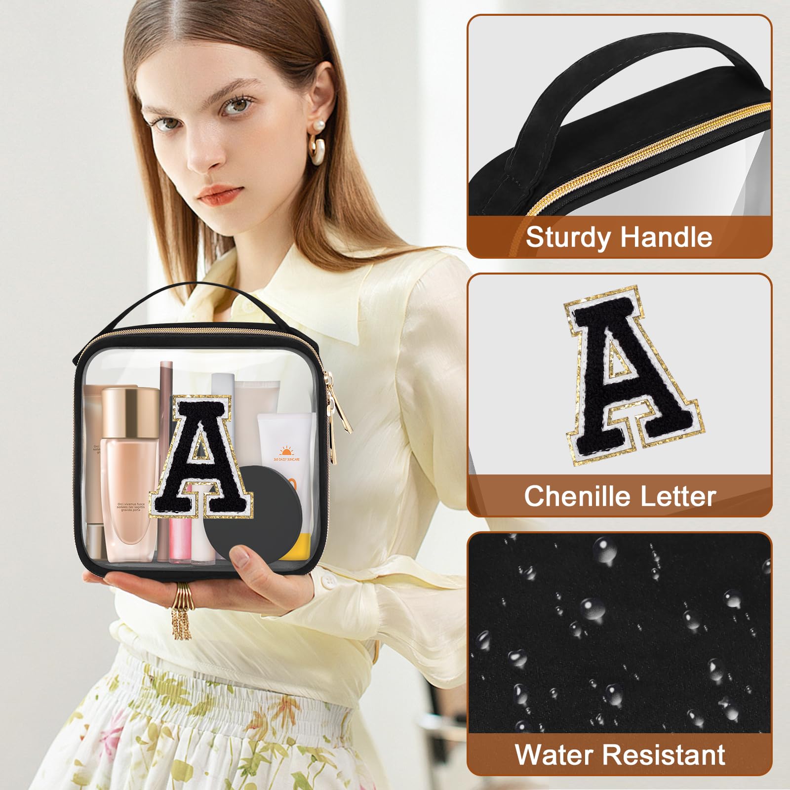 TSA Approved Clear Toiletry Bag for Travel - PVC Transparent Makeup Cosmetic Bag with Handles & Chenille Letter Design, Large Opening Carry-On Airport Organizer (Letter A) - Perfect for Air Travel, Vacation Essentials & Daily Beauty Storage