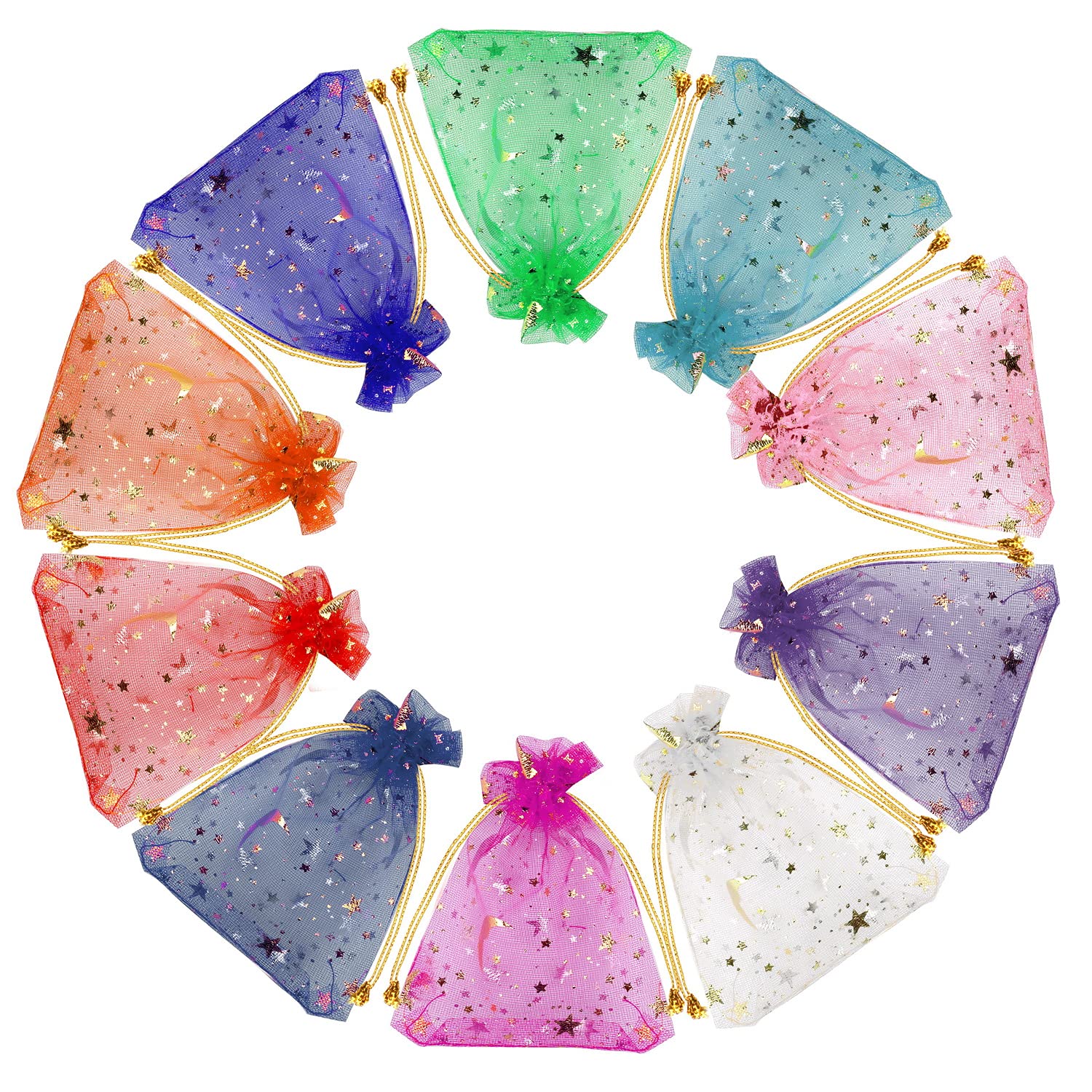 SUMAJU 100-Piece Moon & Star Organza Jewelry Bags - 2.7x3.5 Inch Drawstring Gift Pouches for Wedding Favors, Party Decor, Candy Packaging & Jewelry Storage (Assorted Colors)