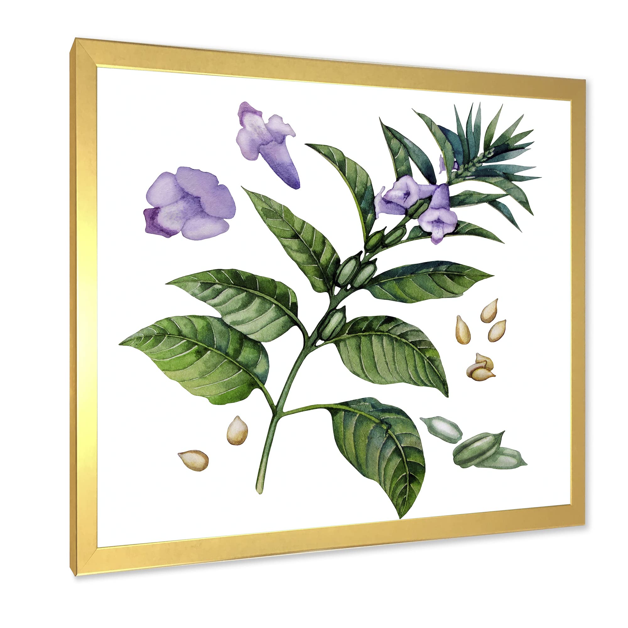 DesignQ Purple Sesame Flowers With Green Leaves Traditional Framed Wall Art - Elegant Home Decor for Living Room, Bedroom & Office