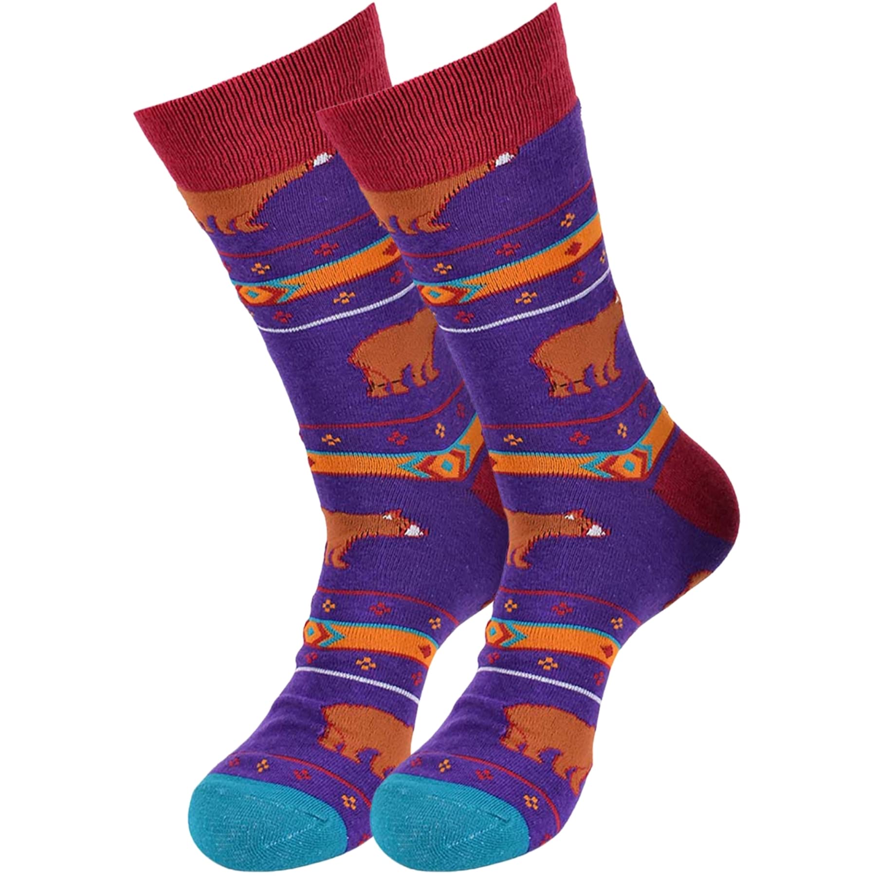 Men's Aztec Bear Pattern Novelty Crew Socks - Purple | Fun & Mysterious Design | Perfect for Casual Wear, Gifts & Costume Parties