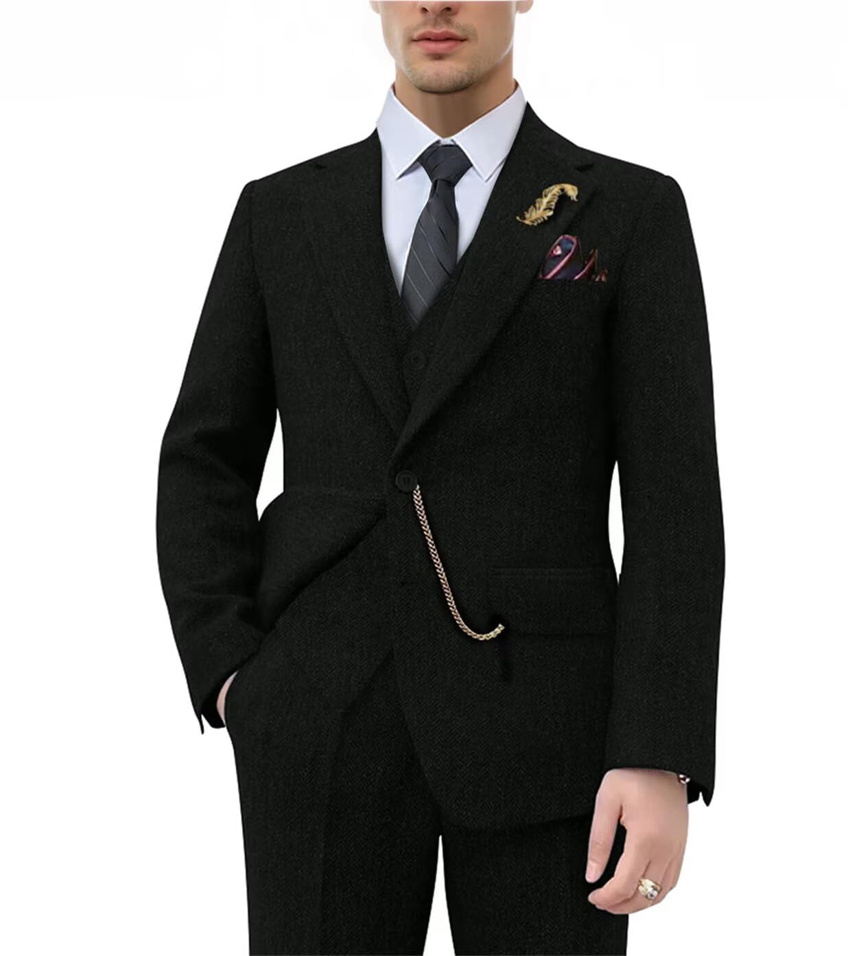 Retro Tweed Brown 3-Piece Men's Suit | Herringbone Slim Fit Wedding Tuxedo Set with Jacket, Vest & Pants | Perfect for Prom, Formal Events & Business Occasions