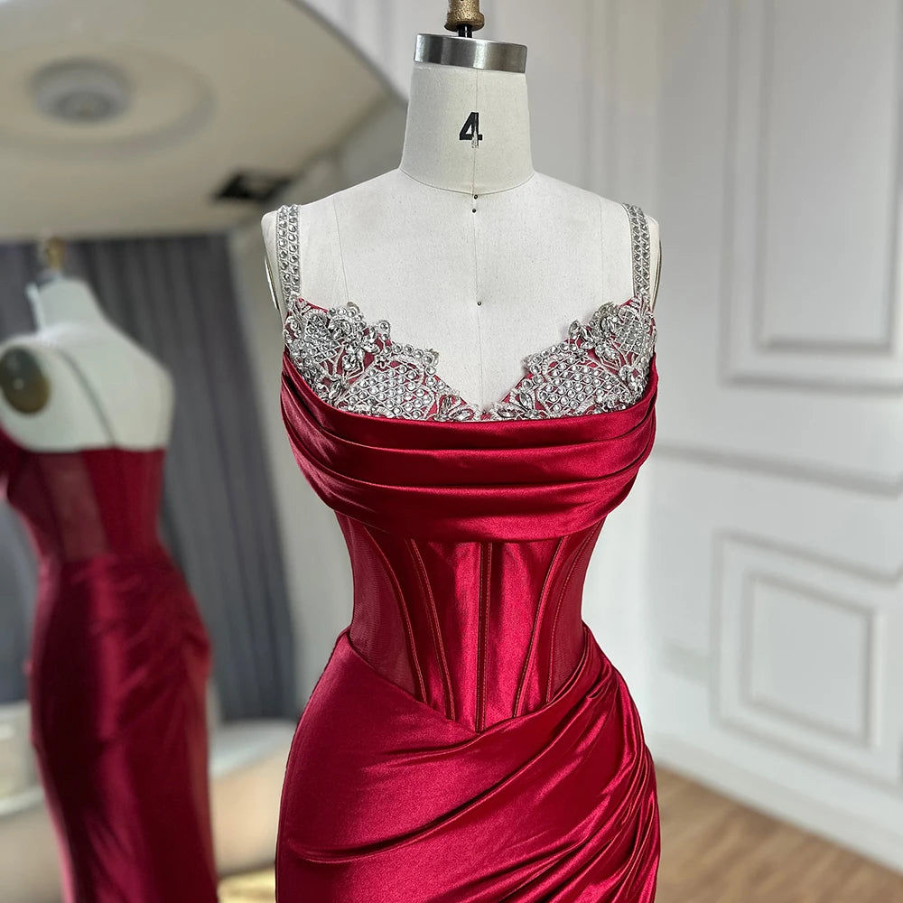 Elegant Dubai Saudi Arabic Wine Red Satin Evening Dress with Spaghetti Straps & High Slit - Formal Gown for Prom, Wedding & Special Occasions - LA72776