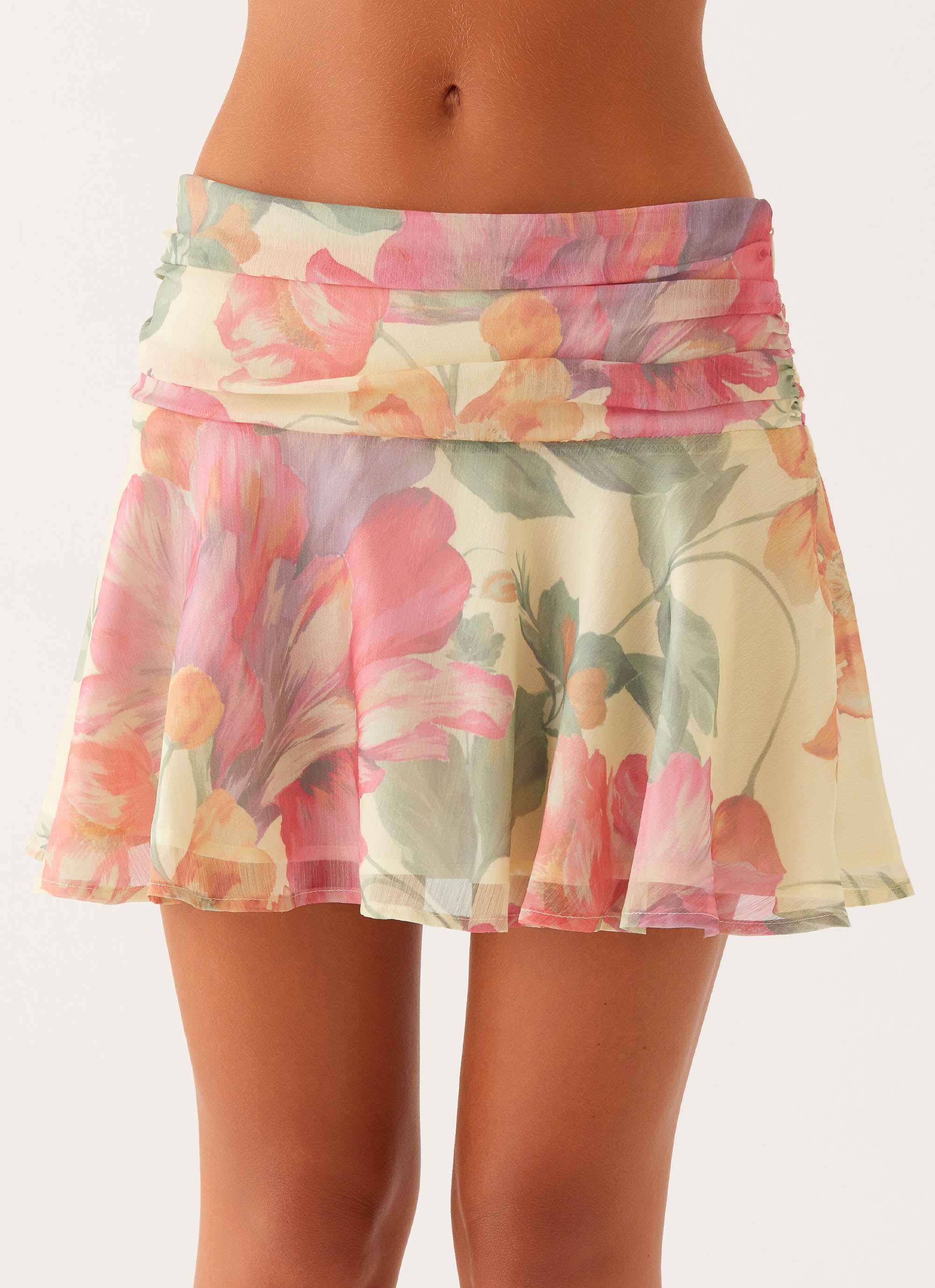 Chemistry Low Rise Mini Skirt - Yellow Peony Floral Print | Sexy Summer Skirt for Women | Perfect for Beach, Music Festivals & Date Nights