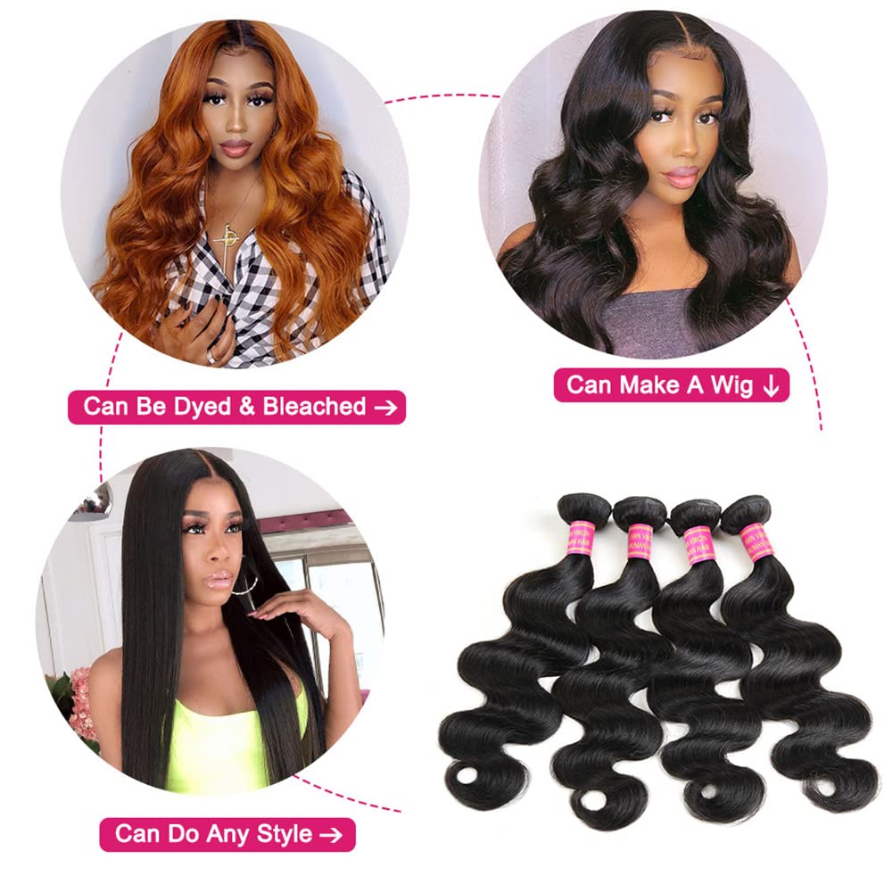 YISEA 100% Unprocessed Brazilian Virgin Human Hair Weave Extensions - 4 Bundles Body Wave (26, 24, 22, 20 Inches) 12A Grade Natural Color for Hair Extensions & Styling - Perfect for Daily Wear, Parties & Special Occasions