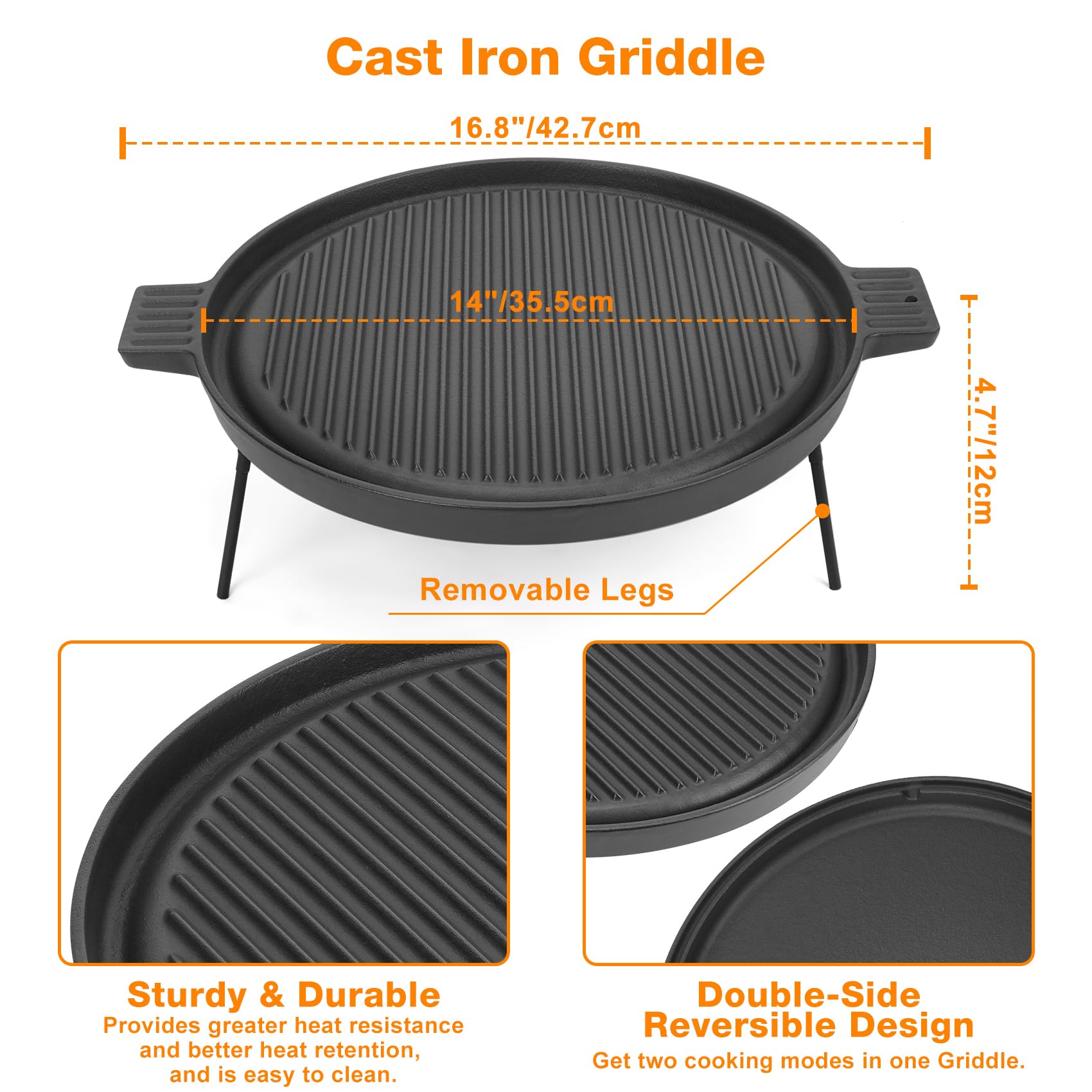 Onlyfire 14 Inch Double Sided Reversible Cast Iron Griddle for Solo Stove Ranger | Detachable Legs & Raised Top Cookware | Perfect for Camping, Backyard BBQs & Outdoor Cooking with 15 Inch Fire Pit