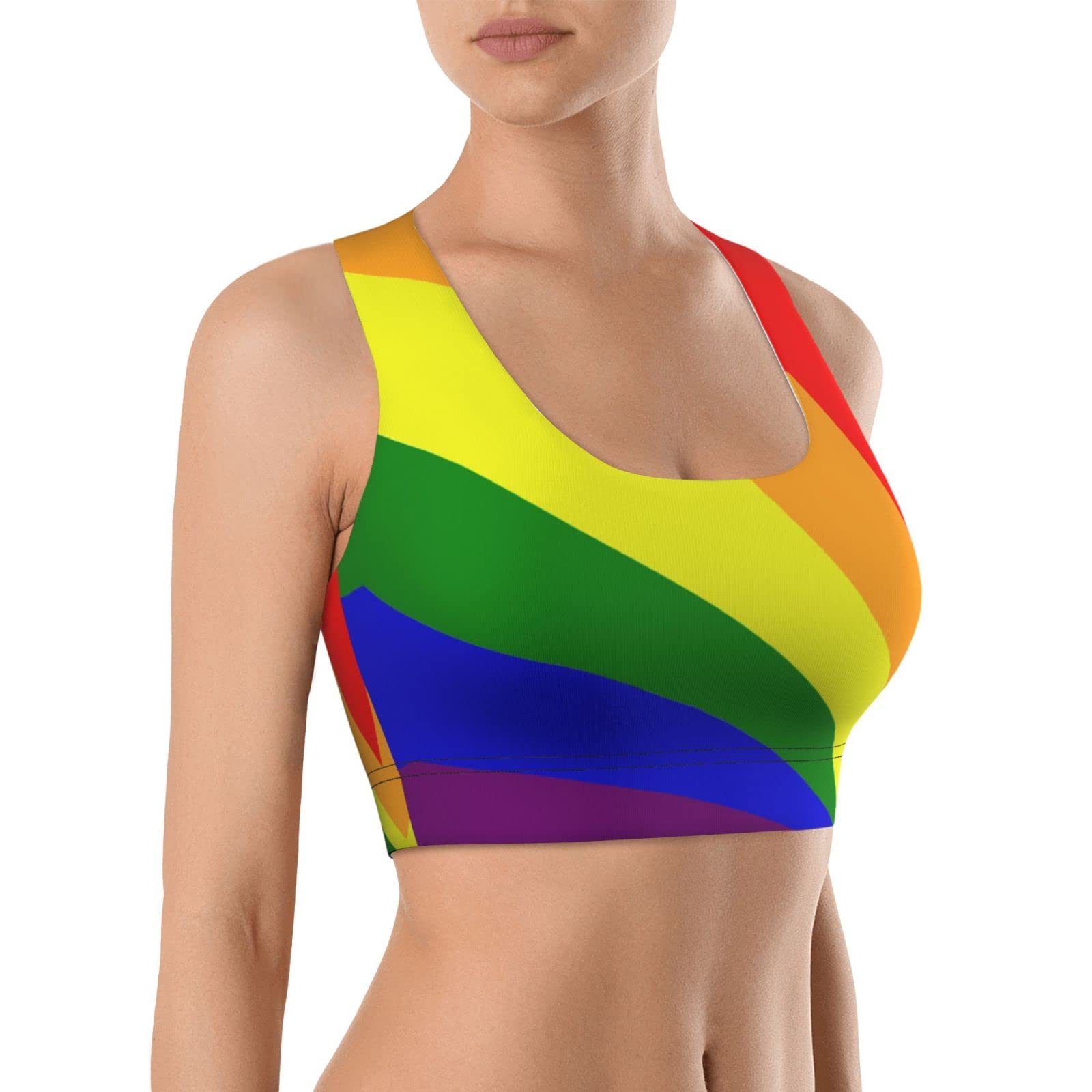 LGBT Pride Rainbow Flag Racerback Sports Bra for Women - Workout, Yoga, Gym, Fitness - Perfect for Pride Events, LGBTQ Support & Active Lifestyle