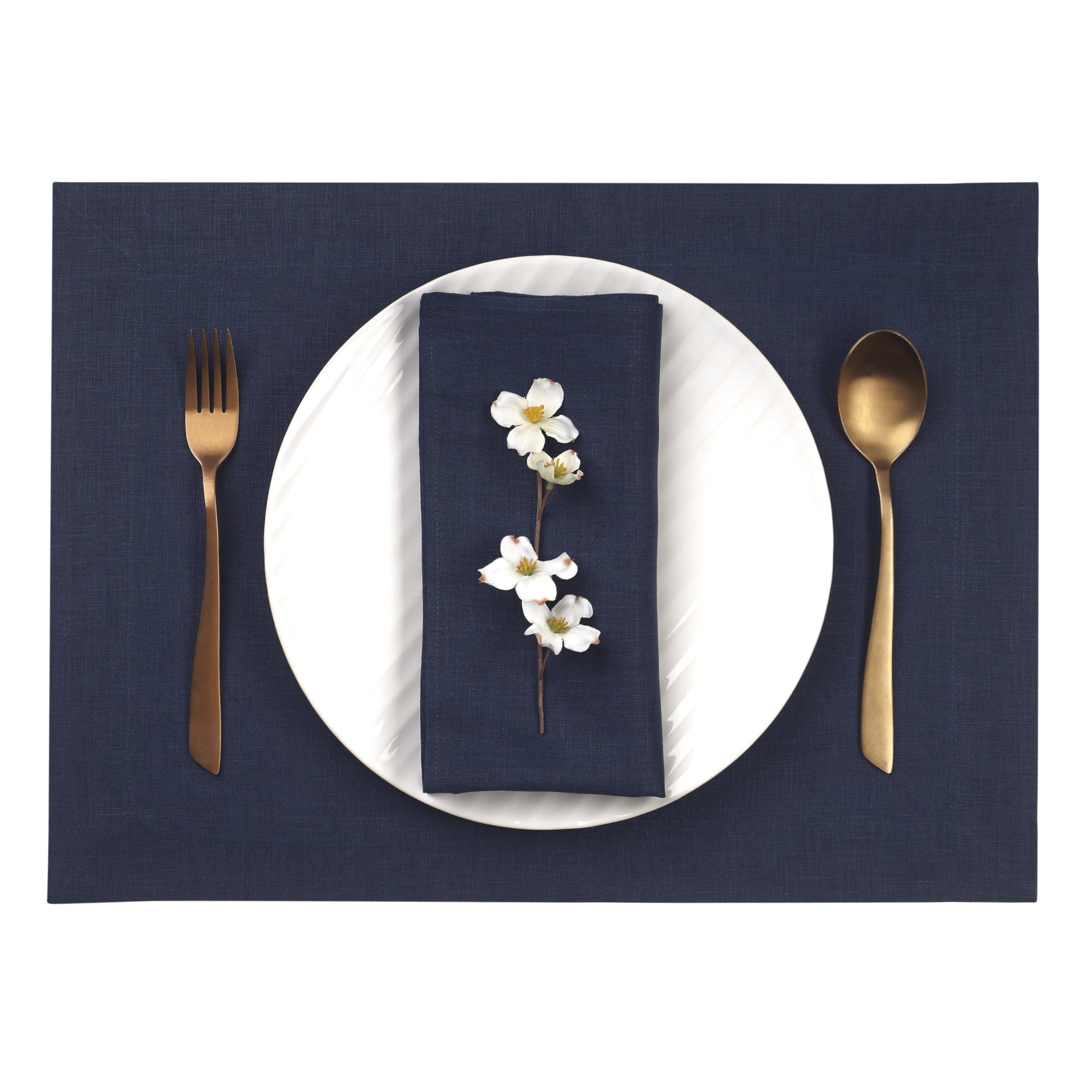 D'Moksha Homes 100% Pure Linen Placemats Set of 4 - Navy Blue 14x19 Inch Washable Table Mats for Dining, Kitchen & Spring Decor - Elegant Table Setting Accessories