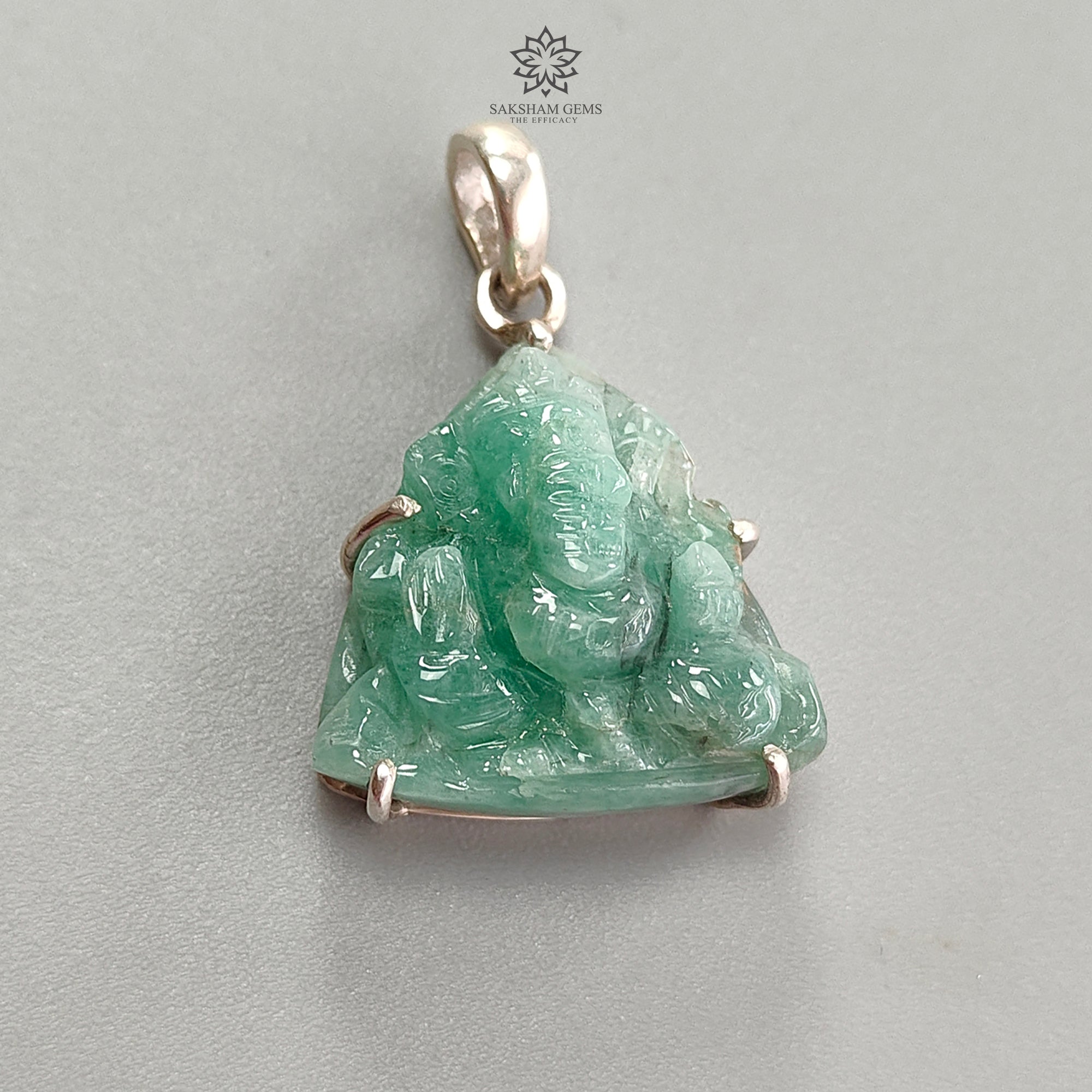 Natural Untreated Green Emerald Ganesha Pendant - 6.59gms 925 Sterling Silver Prong Set Lord Ganesha Idol Jewelry for Meditation & Spiritual Protection | Perfect for Yoga, Prayer & Gift Giving