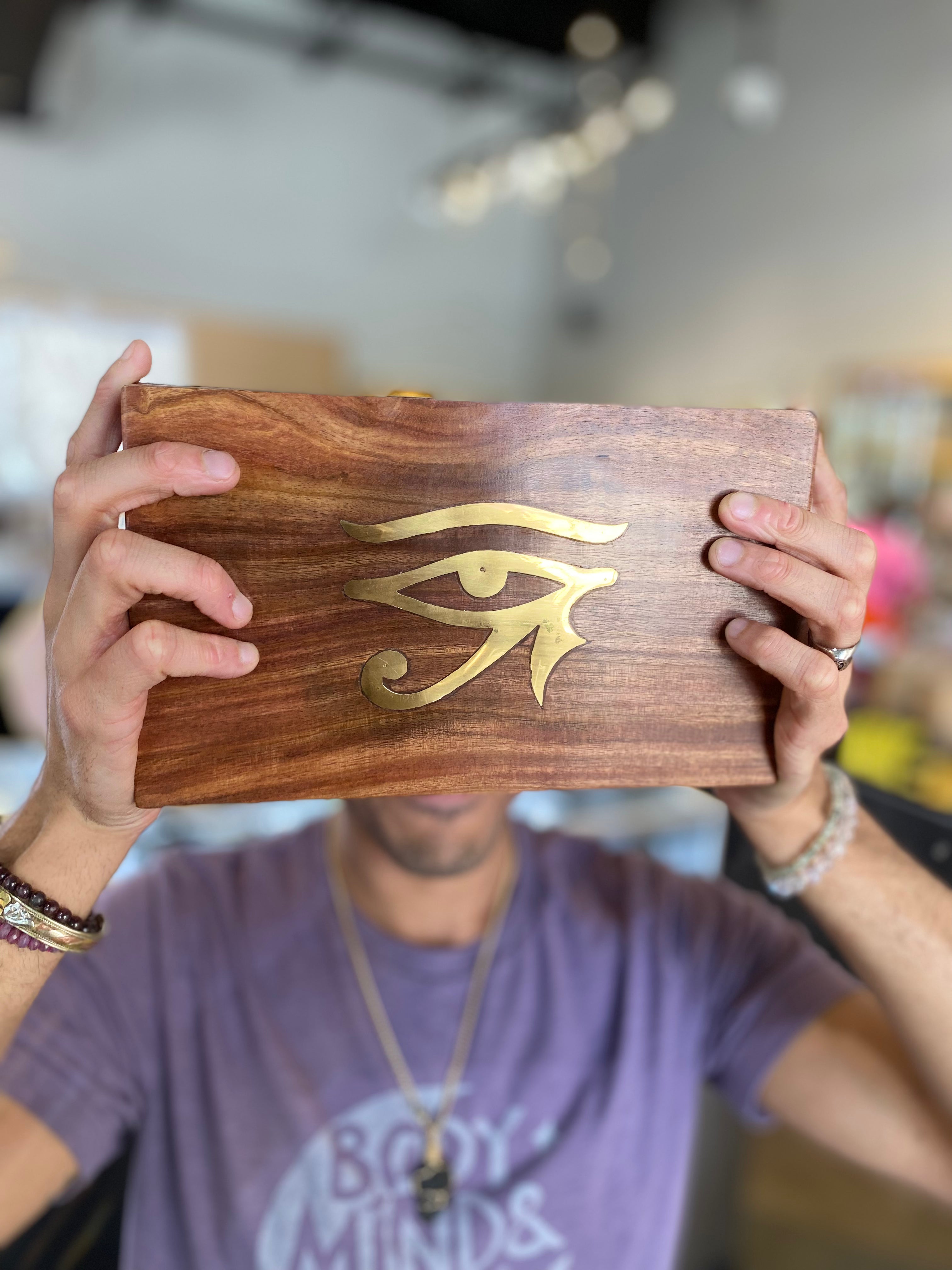 Egyptian Eye of Horus Wooden Jewelry Box with Inlaid Design - Perfect for Storing Rings, Necklaces & Spiritual Keepsakes