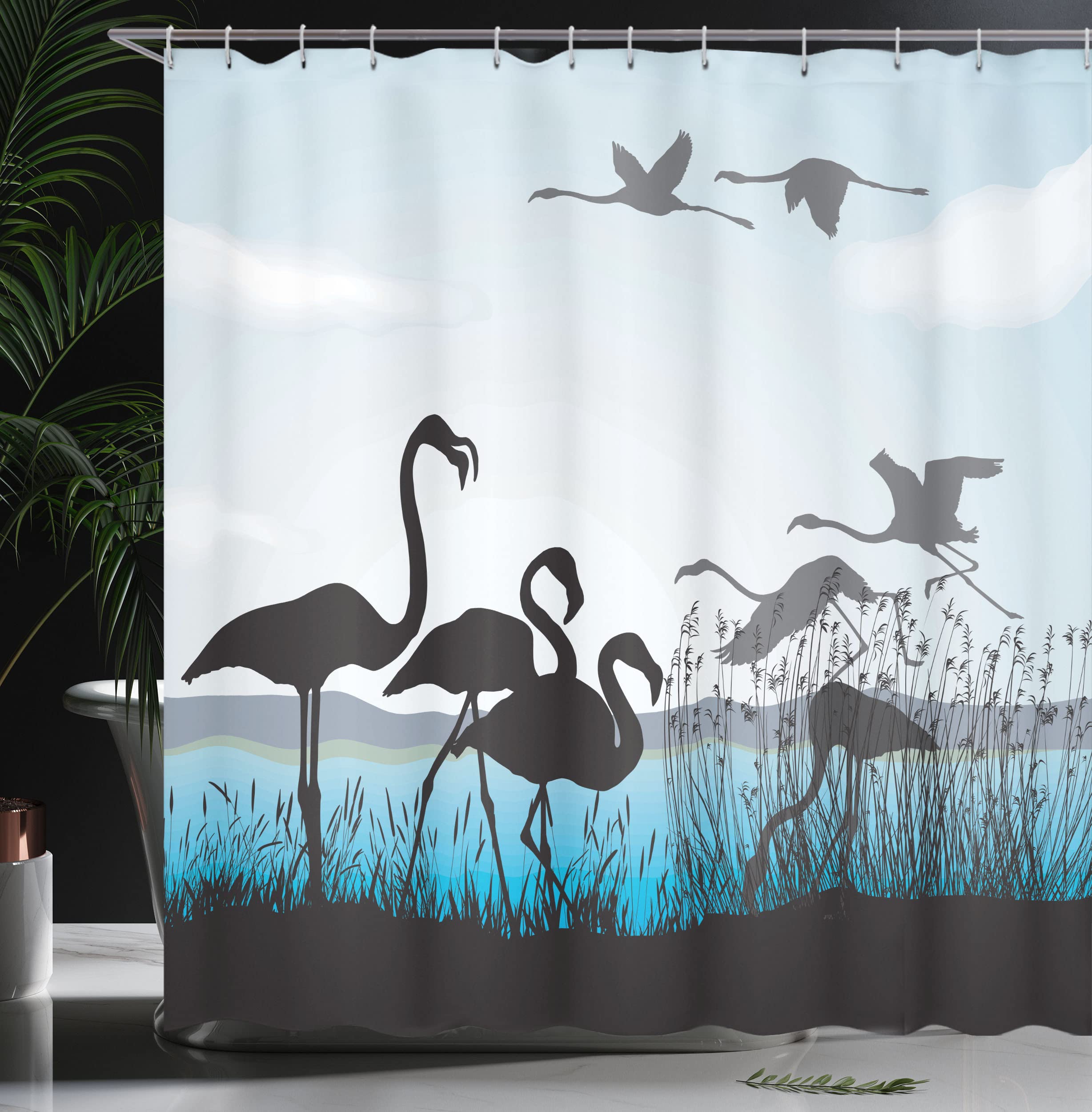 Ambesonne Flamingo Shower Curtain - Tropical Flamingo Silhouettes Walking & Flying with Waterfront River Reed Bed Design - 69x70 Inch Aqua Grey Bathroom Decor Set with Hooks - Perfect for Beach House, Tropical & Coastal Themed Bathrooms