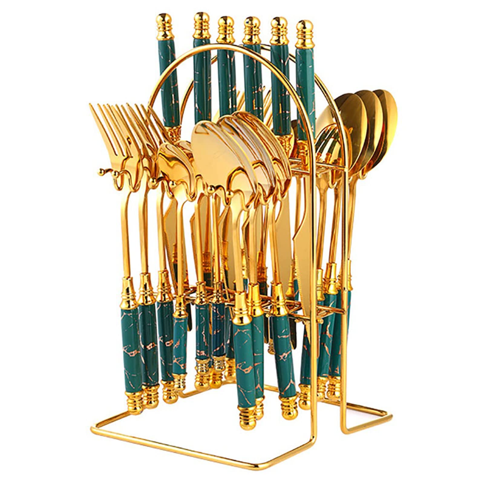24-Piece Stainless Steel Flatware Set with Ceramic Handle - 304 Mirror Polished Cutlery Set for 6 People, Dishwasher Safe (Dark Green) - Perfect for Dinner Parties, Weddings, and Everyday Dining