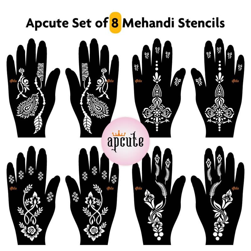 Apcute 8-Piece Mehendi Sticker Set | Temporary Henna Tattoo Stencils for Full Hand Designs - Easy 4-Step Application for Girls & Women | Perfect for Weddings, Festivals, and Special Occasions