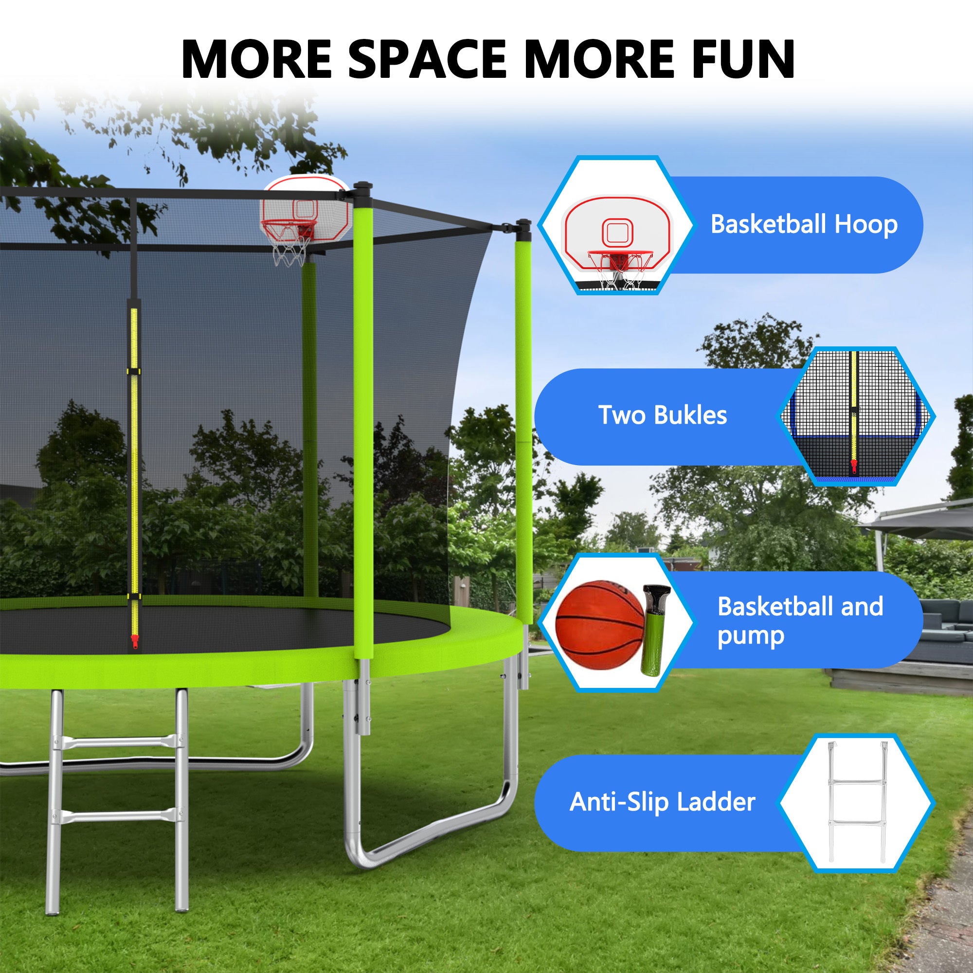 10FT Kids Trampoline with Basketball Hoop & Safety Enclosure - Outdoor Backyard Bouncer with Ladder, ASTM Approved for Safe Jumping Fun - Perfect for Birthday Gifts, Family Playtime and Backyard Activities