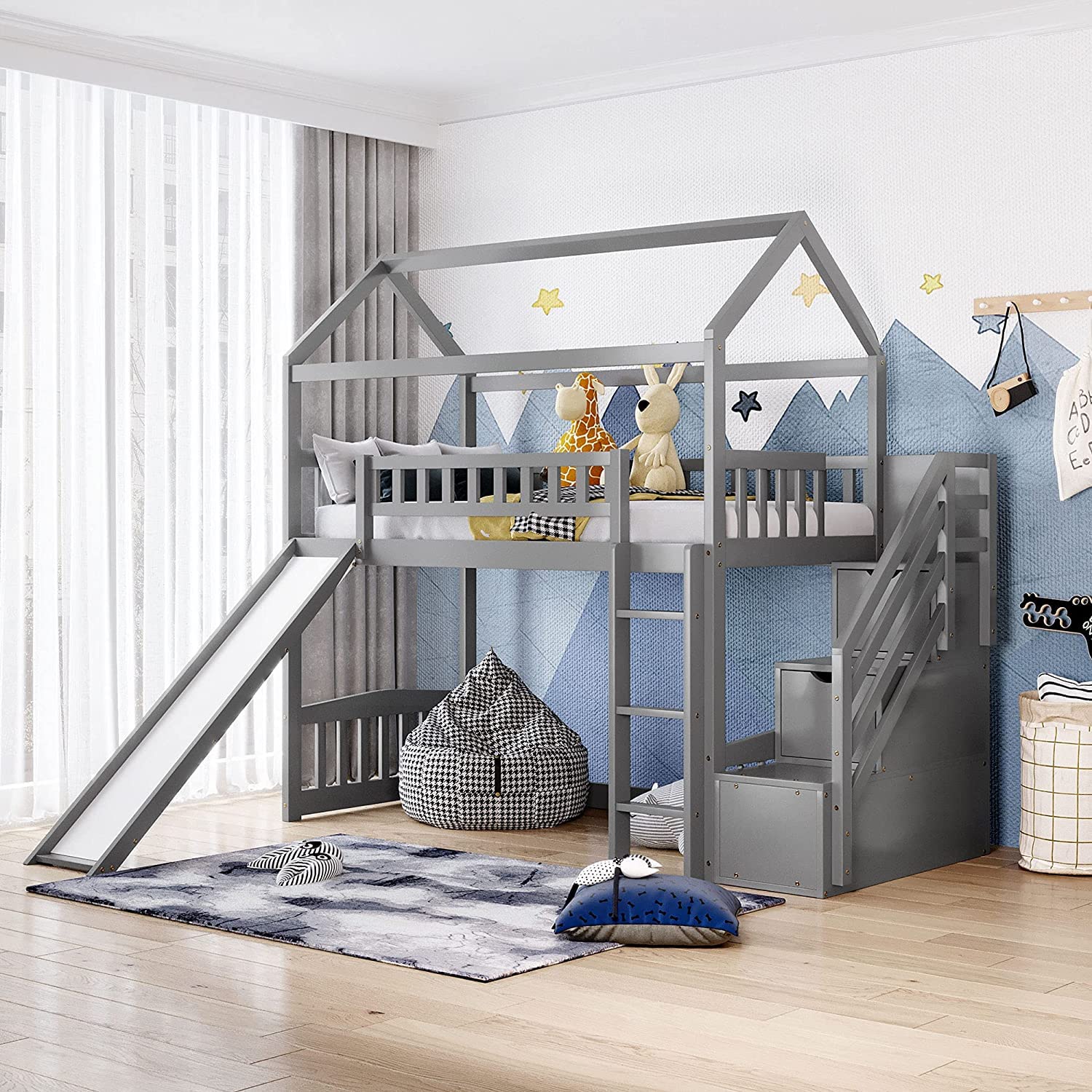 Harper & Bright Designs Twin Loft Bed with Slide, Stairs and Storage - Wooden Kids House Bed Frame for Boys & Girls (Gray) - Perfect for Small Bedrooms, Playrooms & Kids' Sleepovers
