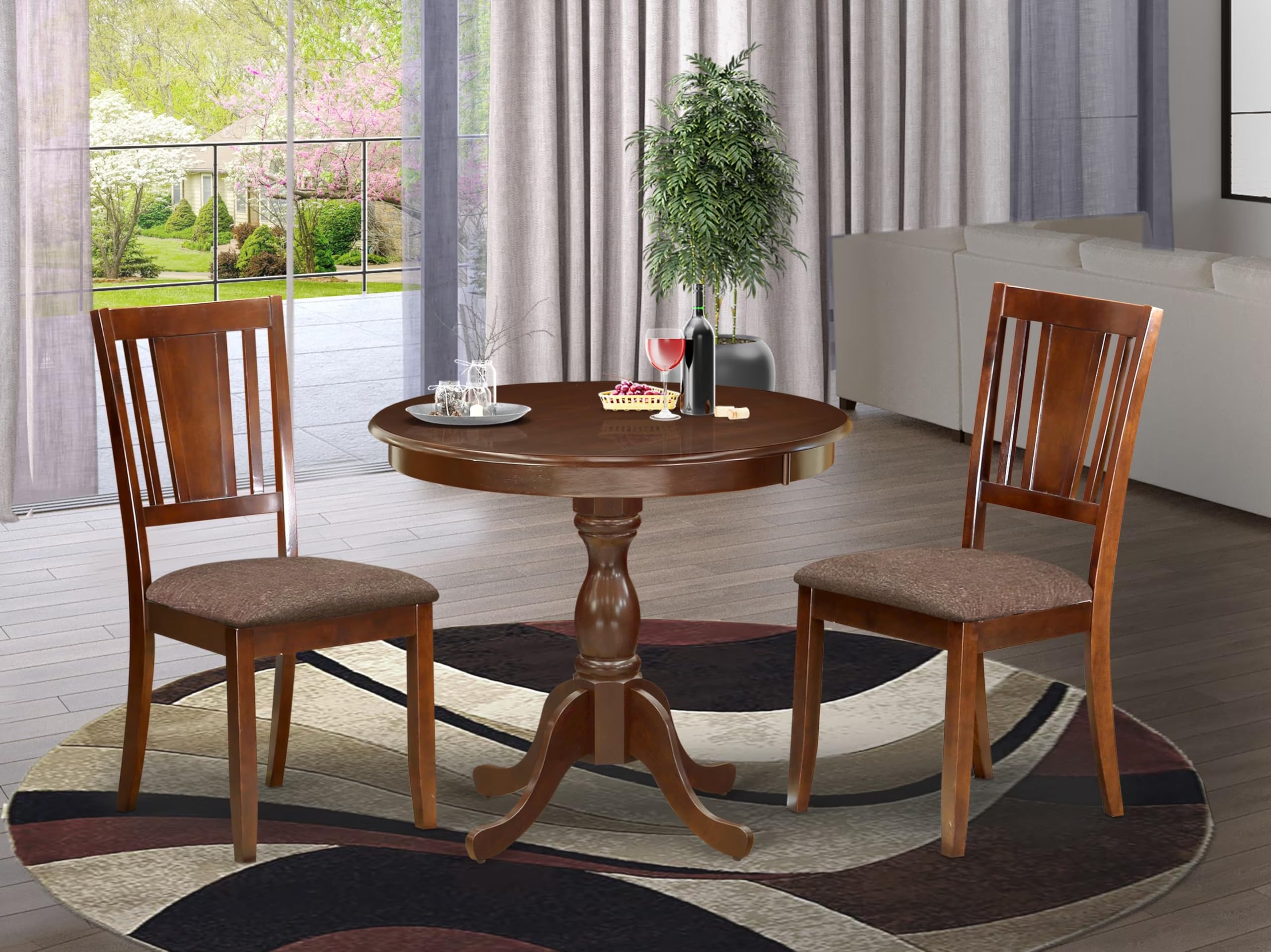 East West Furniture AMDU3-MAH-C 3-Piece Round Dining Set with Pedestal Table & 2 Linen Fabric Chairs, 36x36 Inch, Mahogany - Perfect for Small Kitchen, Breakfast Nook or Cozy Apartment Dining Area