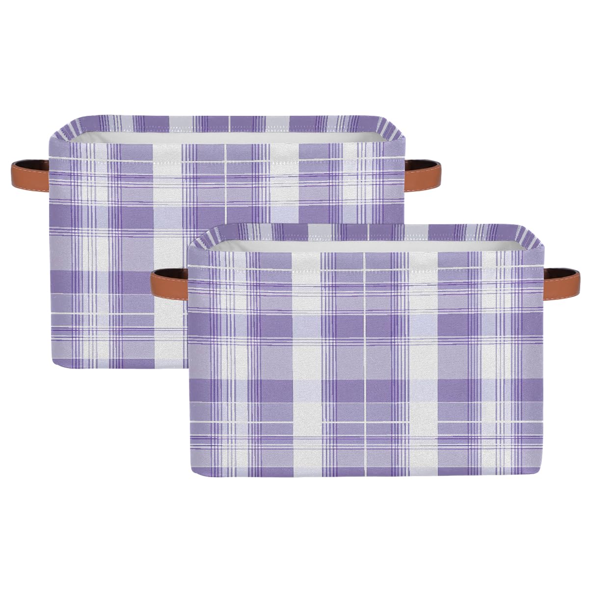 Purple Lavender & White Plaid Foldable Storage Baskets with Handles - 2 Pack Decorative Organizer Bins for Shelves, Home & Office Organization | Perfect for Bedroom Closet, Bathroom & Laundry Room Storage