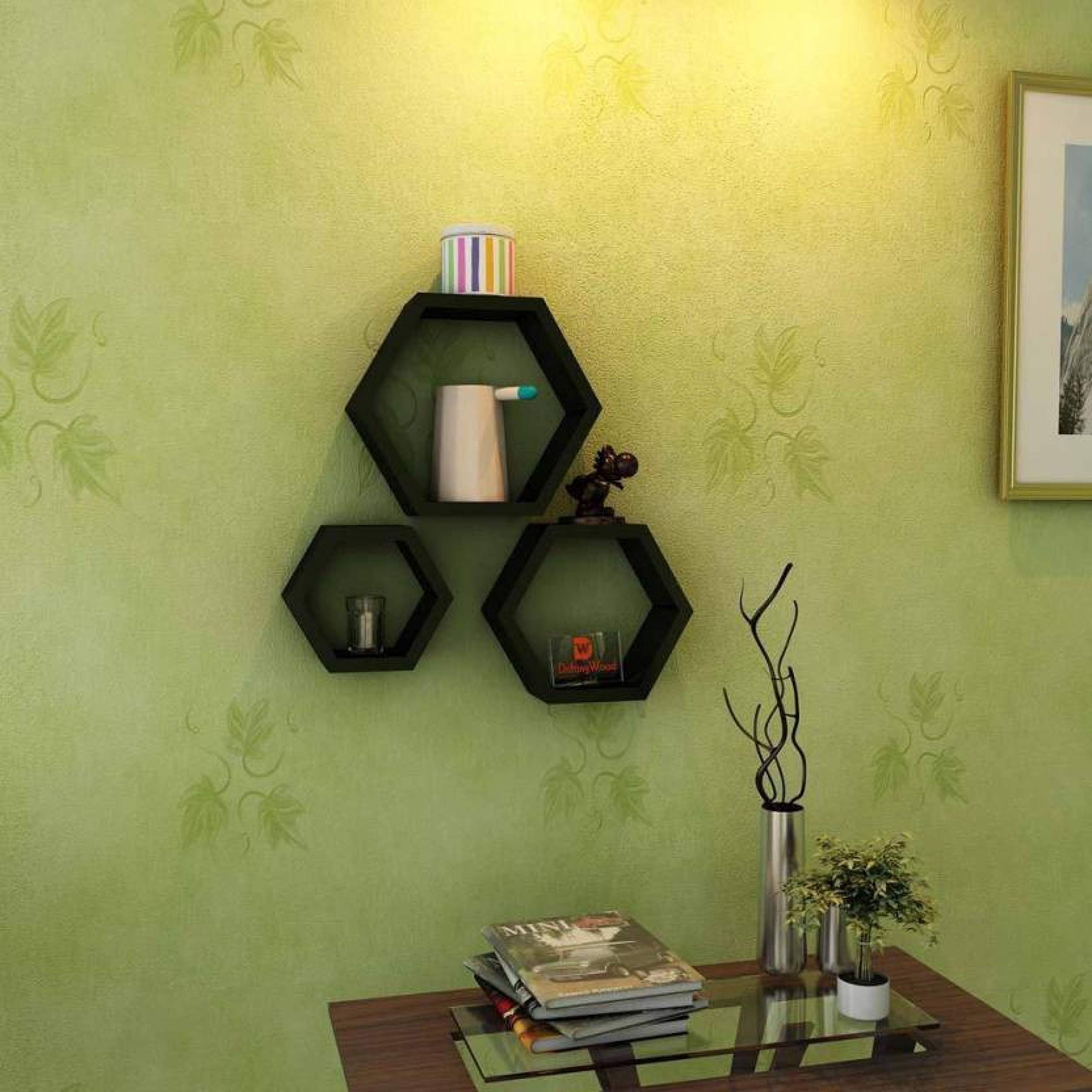 Hexagon Wall Shelf Set of 3 - Modern Black Polypropylene Floating Shelves for Home & Office Decor - Perfect for Living Room, Bedroom, Bathroom Storage & Display