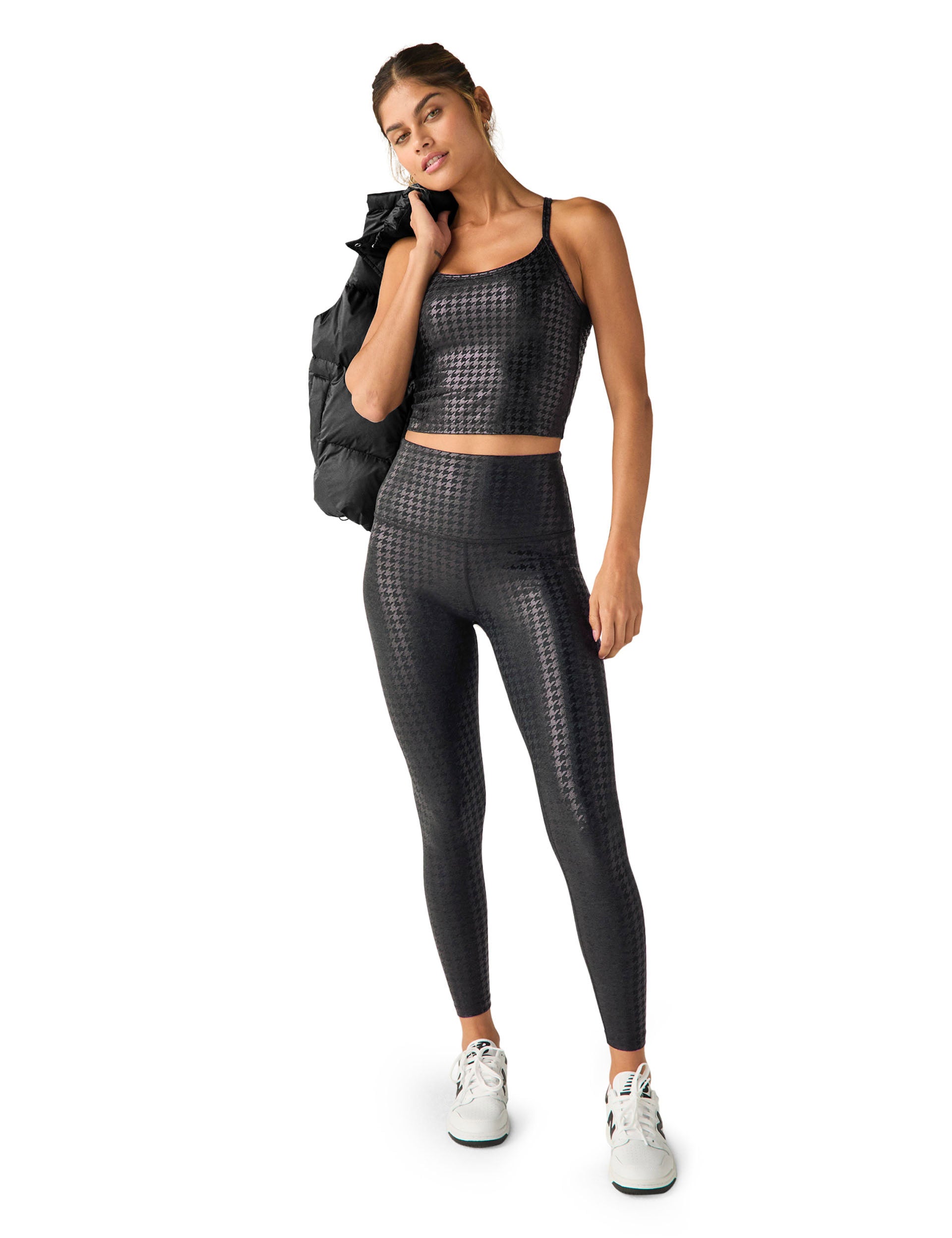 High Waisted Houndstooth Black Leggings for Women - Stretchy Midi Workout Yoga Pants | Perfect for Gym, Running & Casual Wear