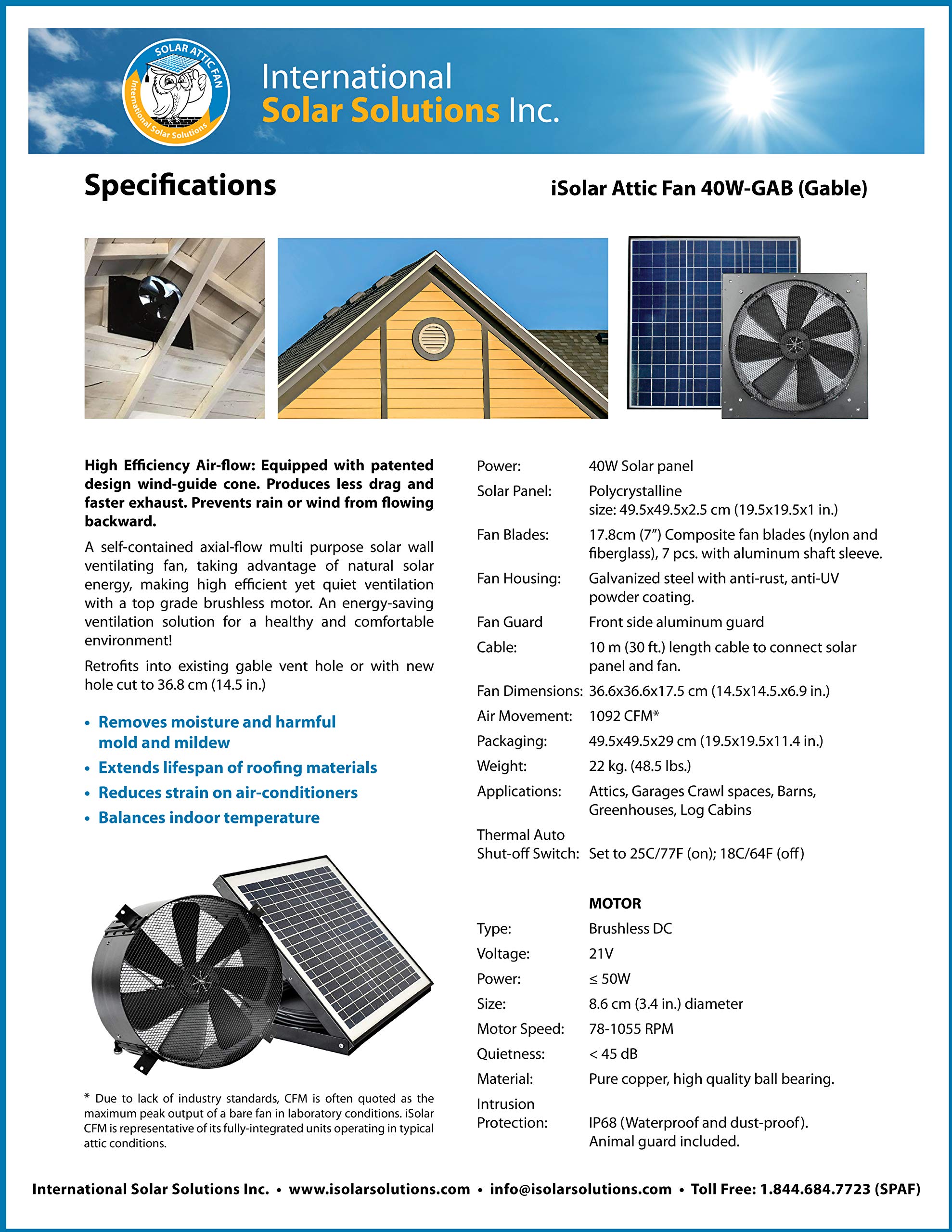 iSolar 40W-GAB Solar Attic Fan - 100% Solar Powered, All-in-One Design for Year-Round Attic Ventilation - Keep Your Home Cool & Energy Efficient - Perfect for Hot Climates & Home Comfort Improvement - HGTV's Bryan Baeumler Recommended