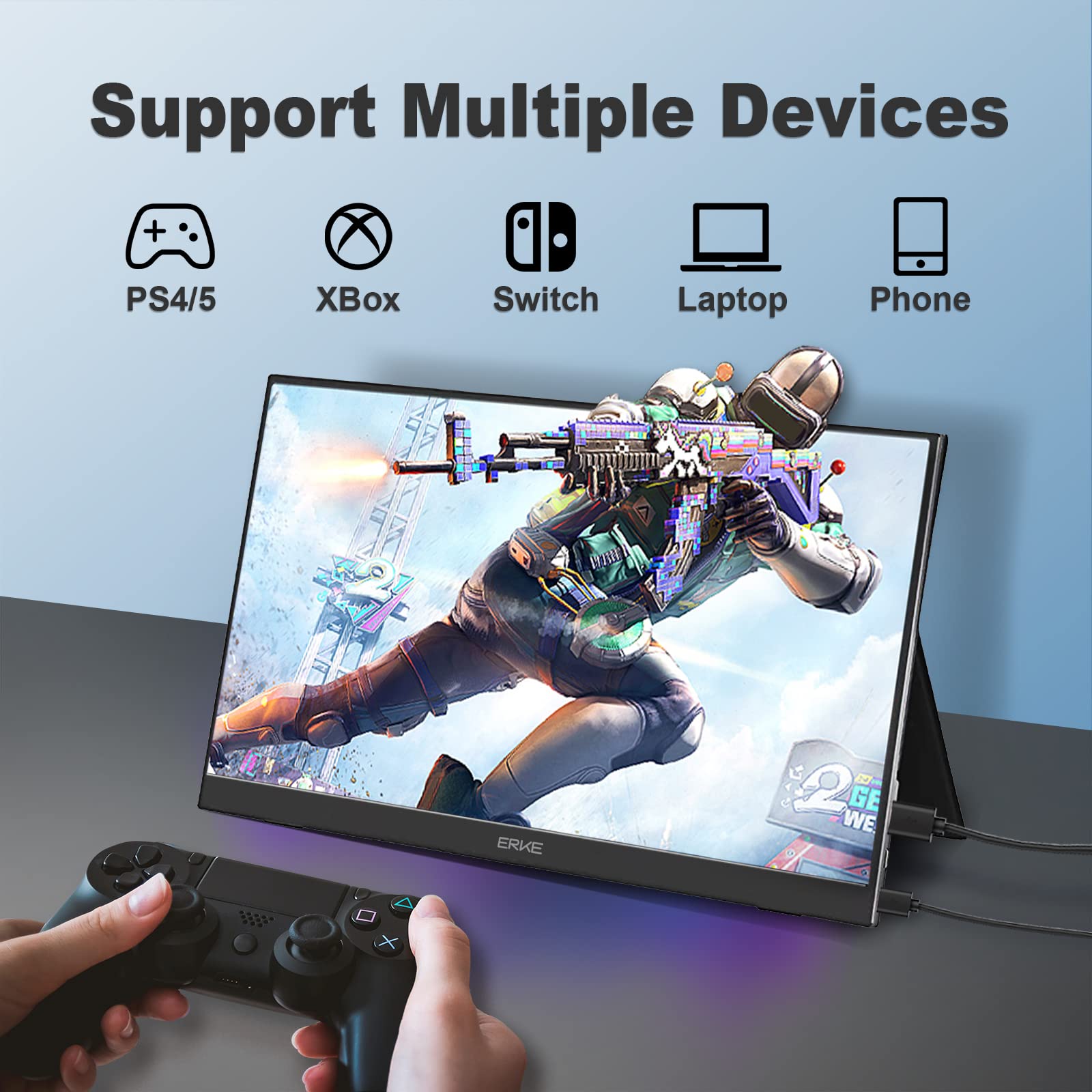 ERKE 13.3 Inch Portable USB C Monitor - 1080P FHD HDR IPS Ultra-Slim External Display for Laptop, Phone, Xbox, Switch & PS5 with Smart Cover & Screen Protector (USB-C/HDMI Input) - Perfect for Work, Gaming & Travel
