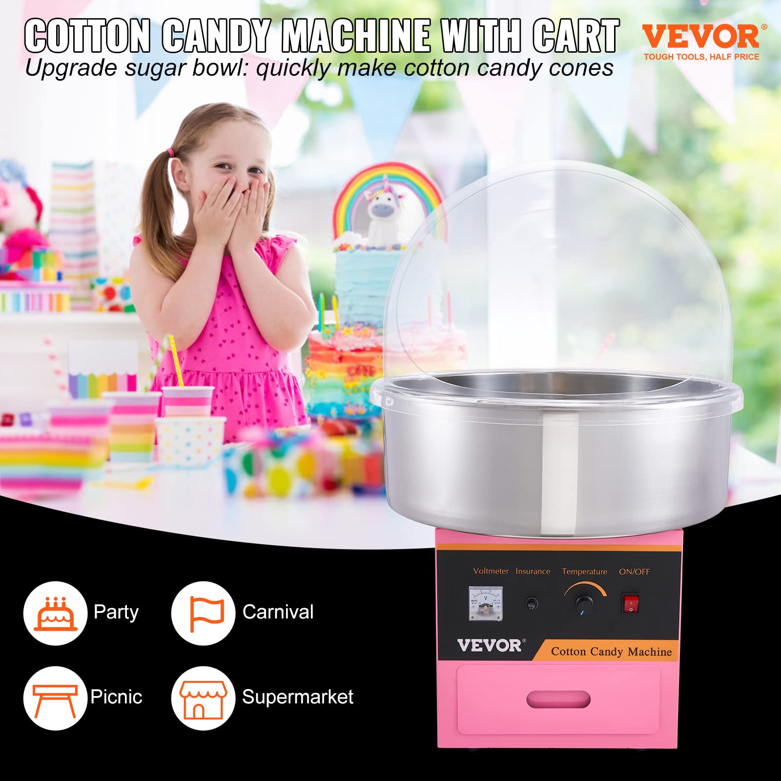 VEVOR Commercial Cotton Candy Machine with Cover - Electric Floss Maker with Stainless Steel Bowl, Sugar Scoop & Storage Drawer - Perfect for Home, Parties, Carnivals & Events (Pink)