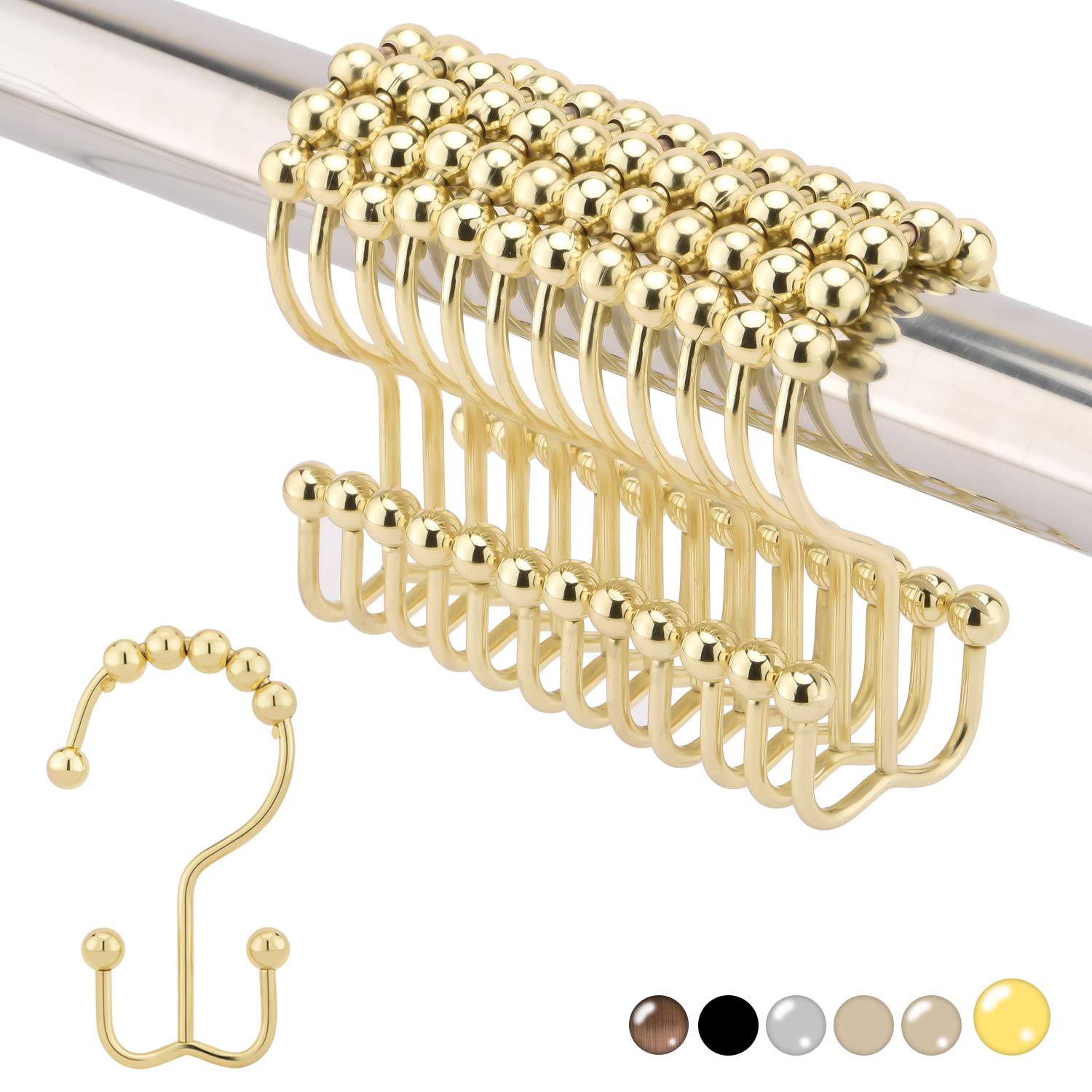 FANKE 12-Pack 304 Stainless Steel Shower Curtain Hooks - Rust-Resistant Double Roller Glide Rings for Bathroom Shower Rods, Polished Gold Finish | Perfect for Smooth Curtain Movement in Showers & Bathtubs