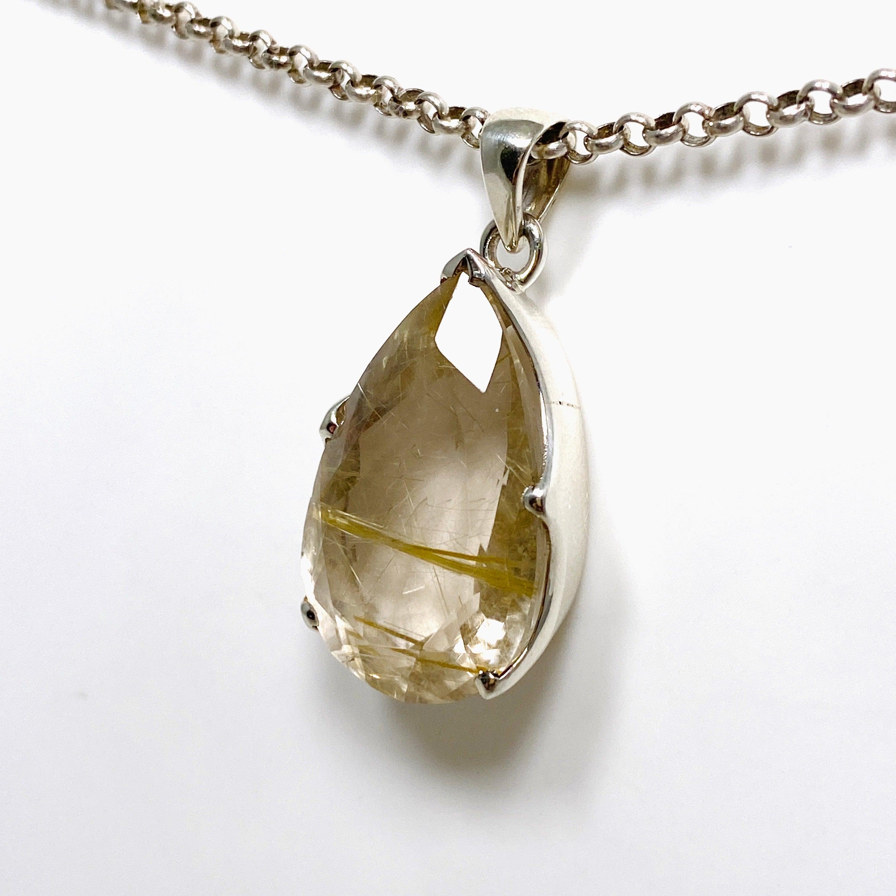 Natural Rutilated Quartz Faceted Teardrop Pendant Necklace - Elegant Golden Needle Inclusions - Perfect for Spiritual Healing, Meditation & Boho Jewelry Collection