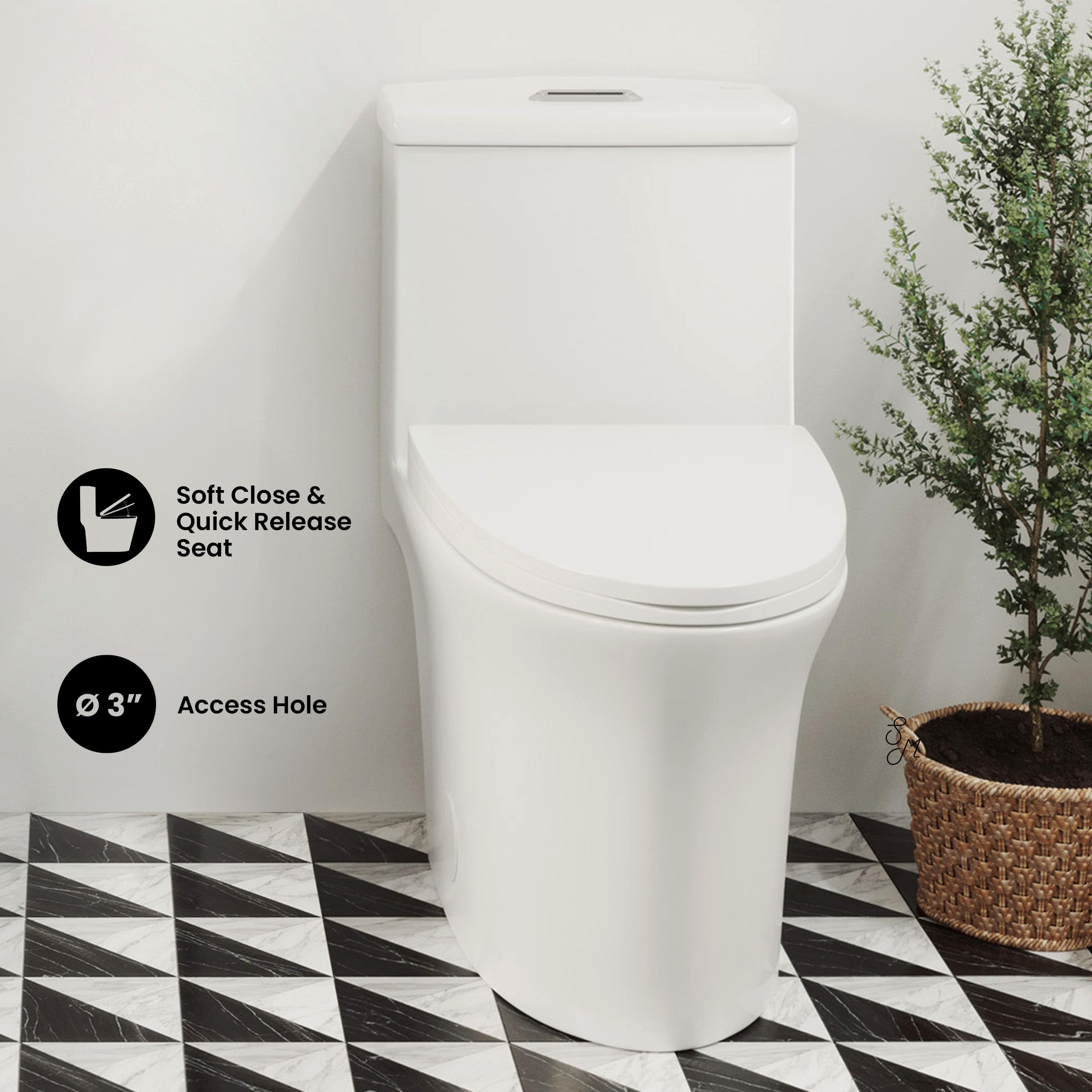 Hugo One Piece Elongated Dual Flush Toilet 1.1/1.6 GPF - Water Efficient Modern Bathroom Toilet for Home & Commercial Use