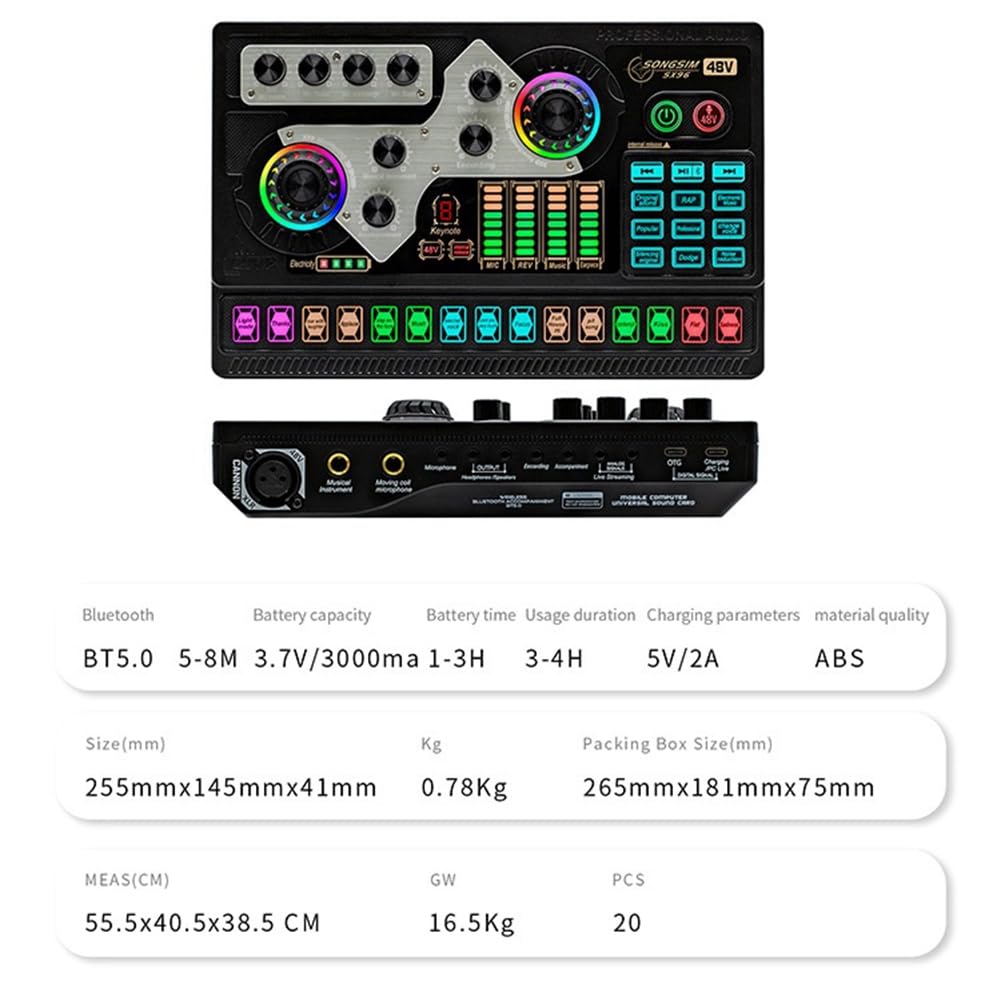 JUFUM SX96 Professional 48V Phantom Power Sound Card - Metal & Plastic Portable Audio Mixer for Outdoor Singing, Home Karaoke, Live Streaming & Podcasting