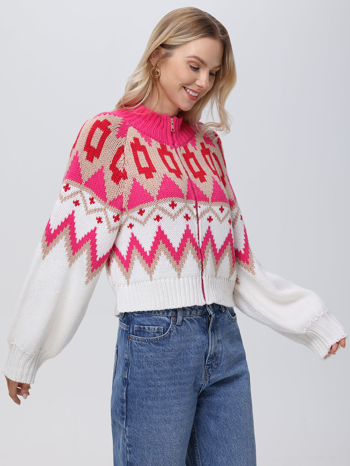 Victoria Women's Fair Isle Knit Bomber Jacket - Cozy Winter Pullover for Casual Outings & Holiday Gatherings