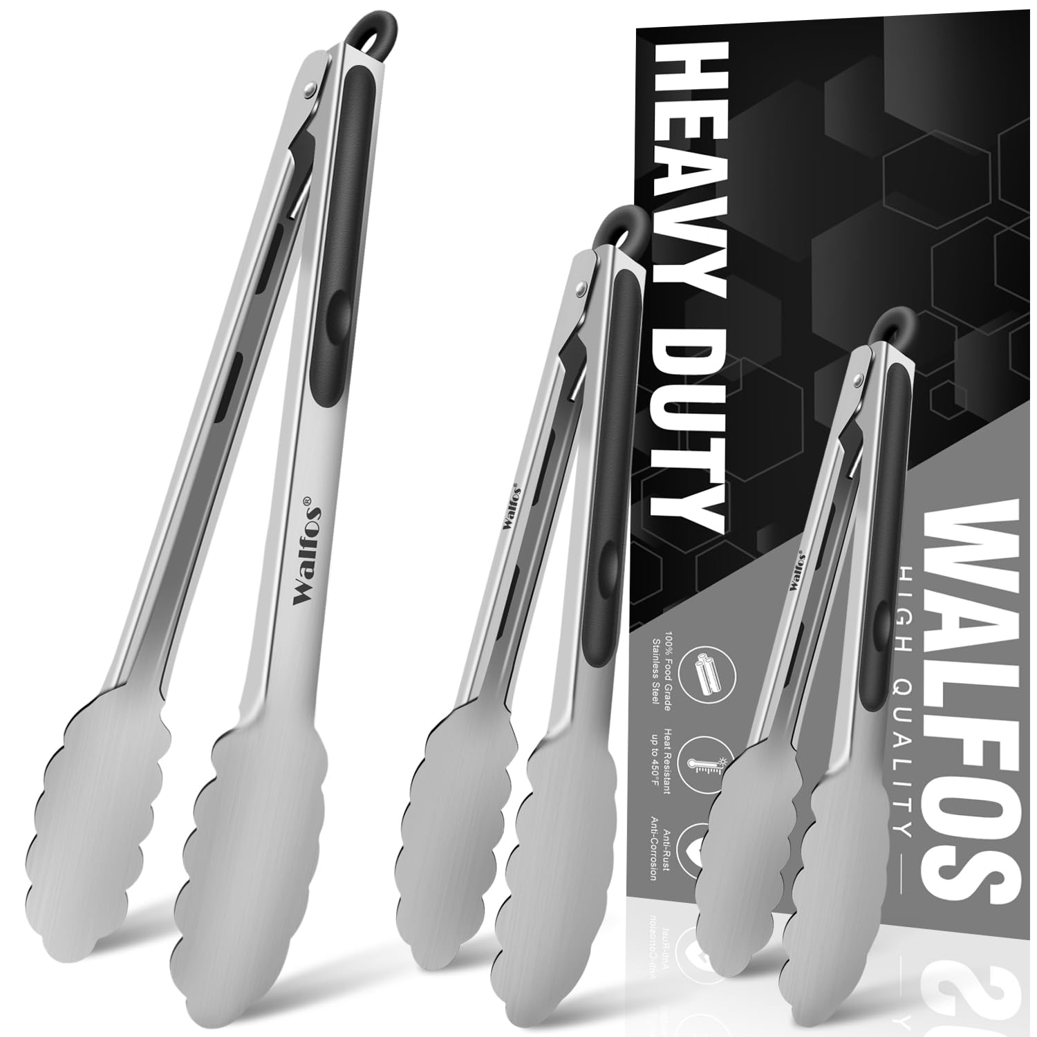 Premium Food Grade Stainless Steel Kitchen Tongs Set - 7, 9 & 12 Inch Heavy Duty Locking Cooking Tongs with Non-Slip Grip for BBQ, Grilling, Salad Serving & Baking (Set of 3)