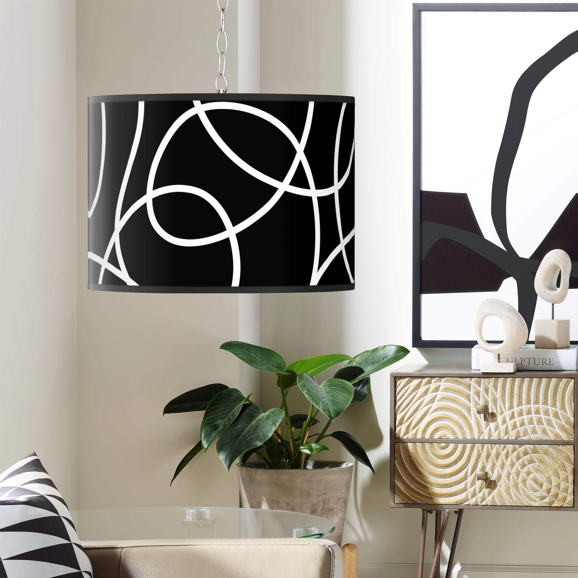 Swag Style Abstract Print Plug-in Chandelier - Modern Hanging Light Fixture for Dining Room, Bedroom & Living Room Decor