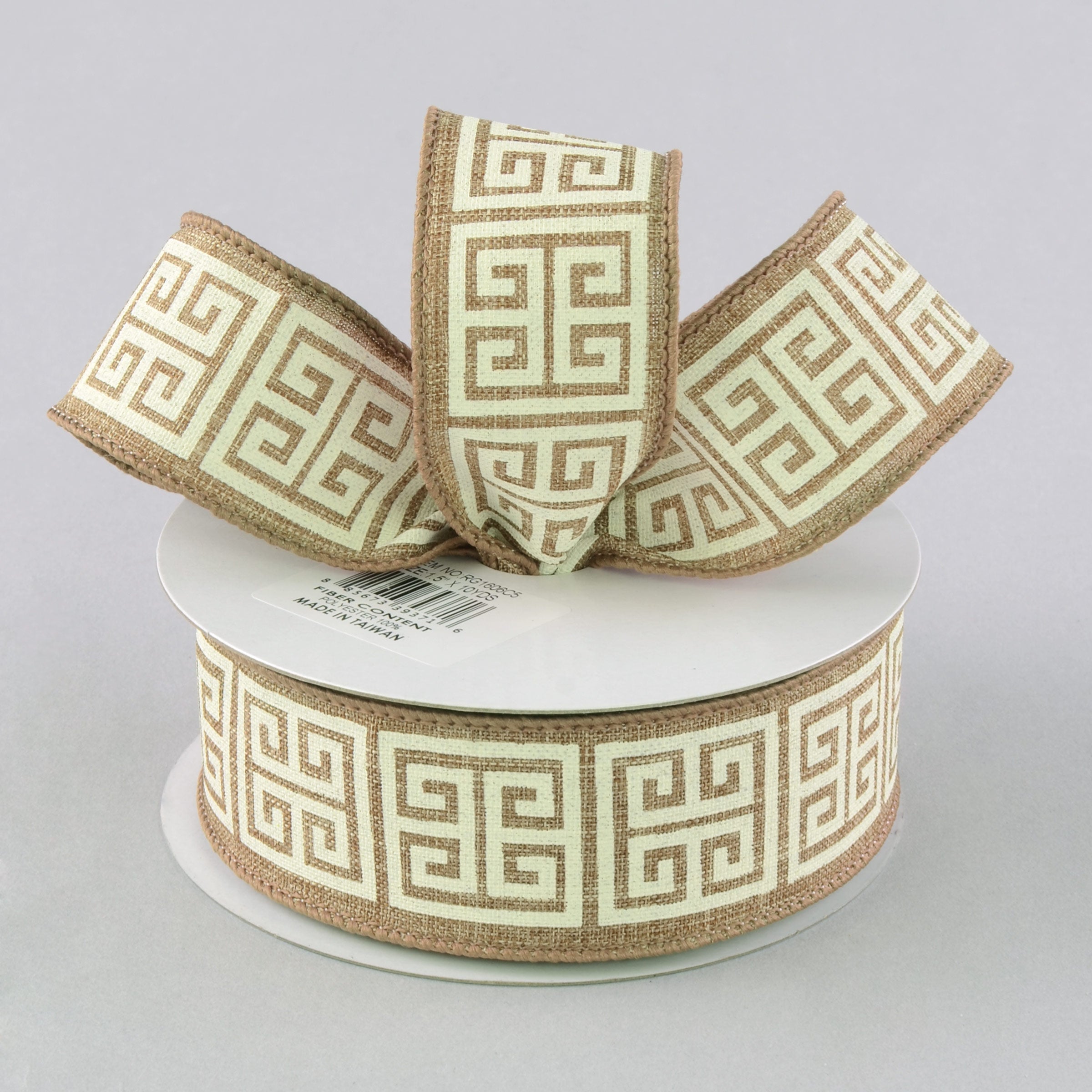 1.5 Inch Greek Key Pattern Canvas Ribbon - Tan and White (10 Yards) for DIY Crafts, Gift Wrapping, and Home Decor