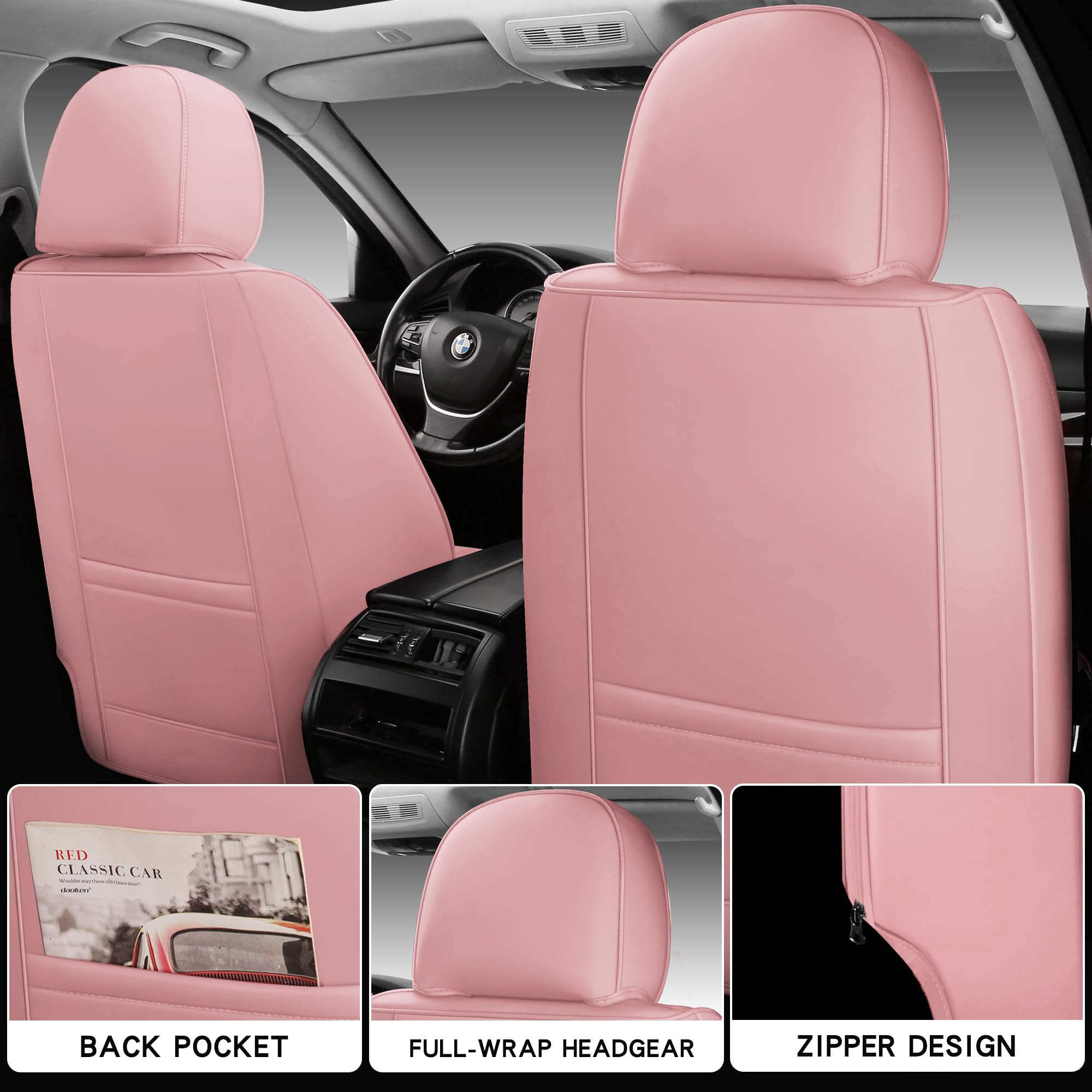 Premium Full Coverage Leather Car Seat Covers Set - Waterproof & Universal Fit for Cars, Trucks, Sedans - Luxury Pink Seat Protector with 5-Piece Cushion | Perfect for Daily Commute, Road Trips & Vehicle Protection